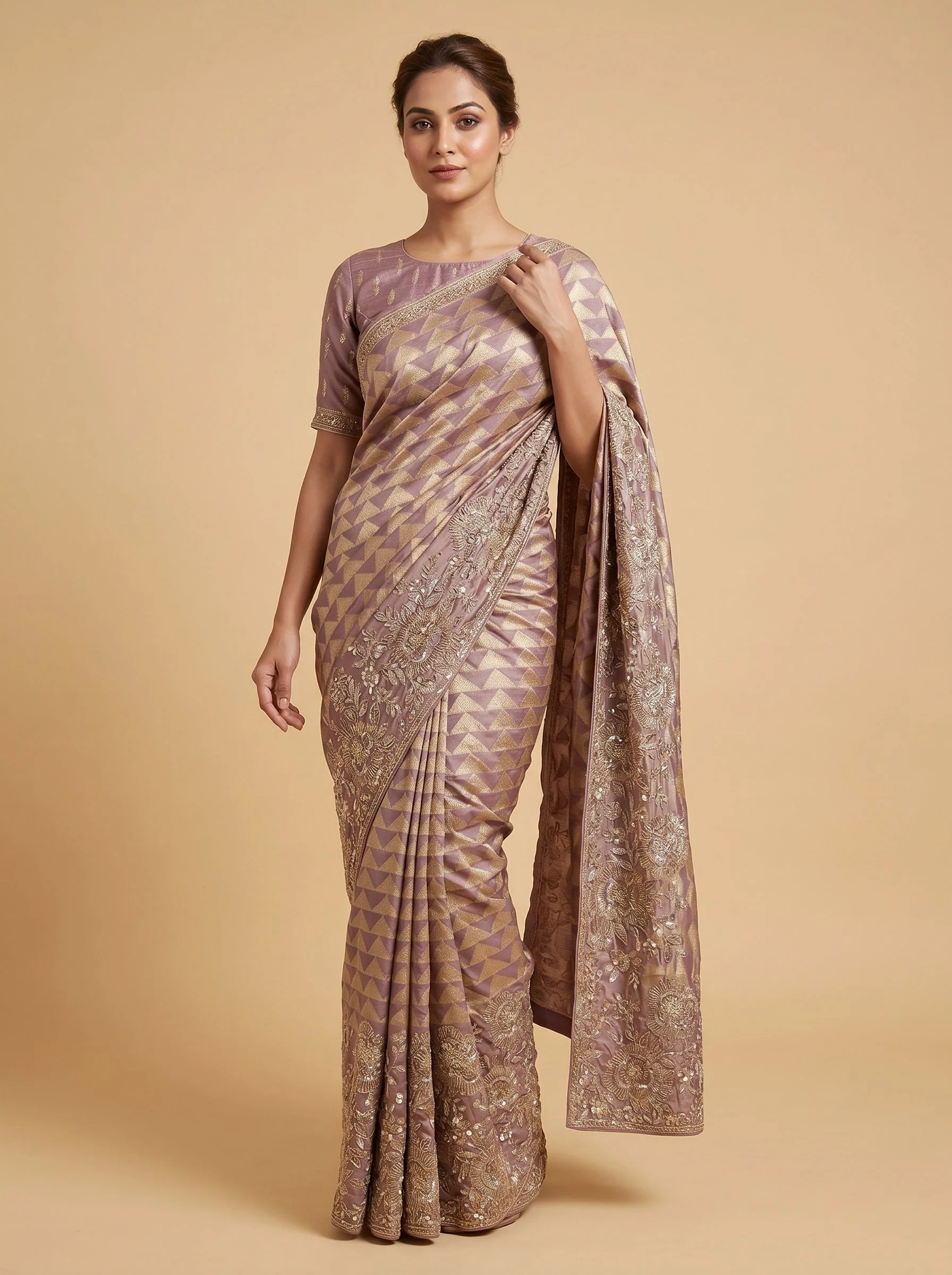 Gold Pink Dual Tone Embroidered Saree