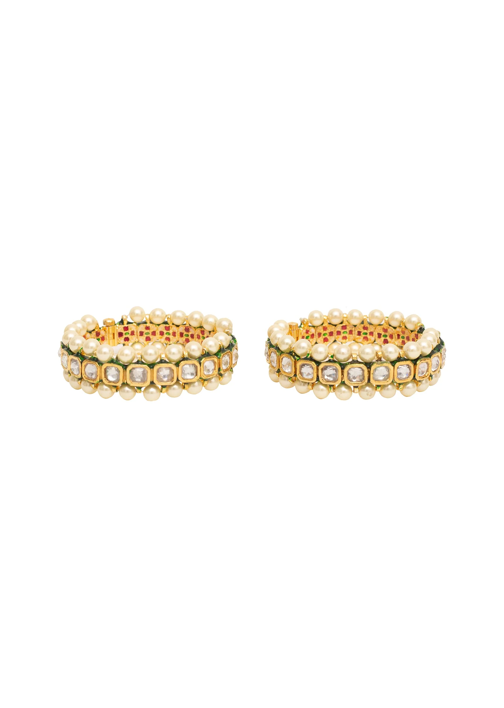 Gold Plated Bangles With Pearl Borders And Square Cut Stones - Image 3