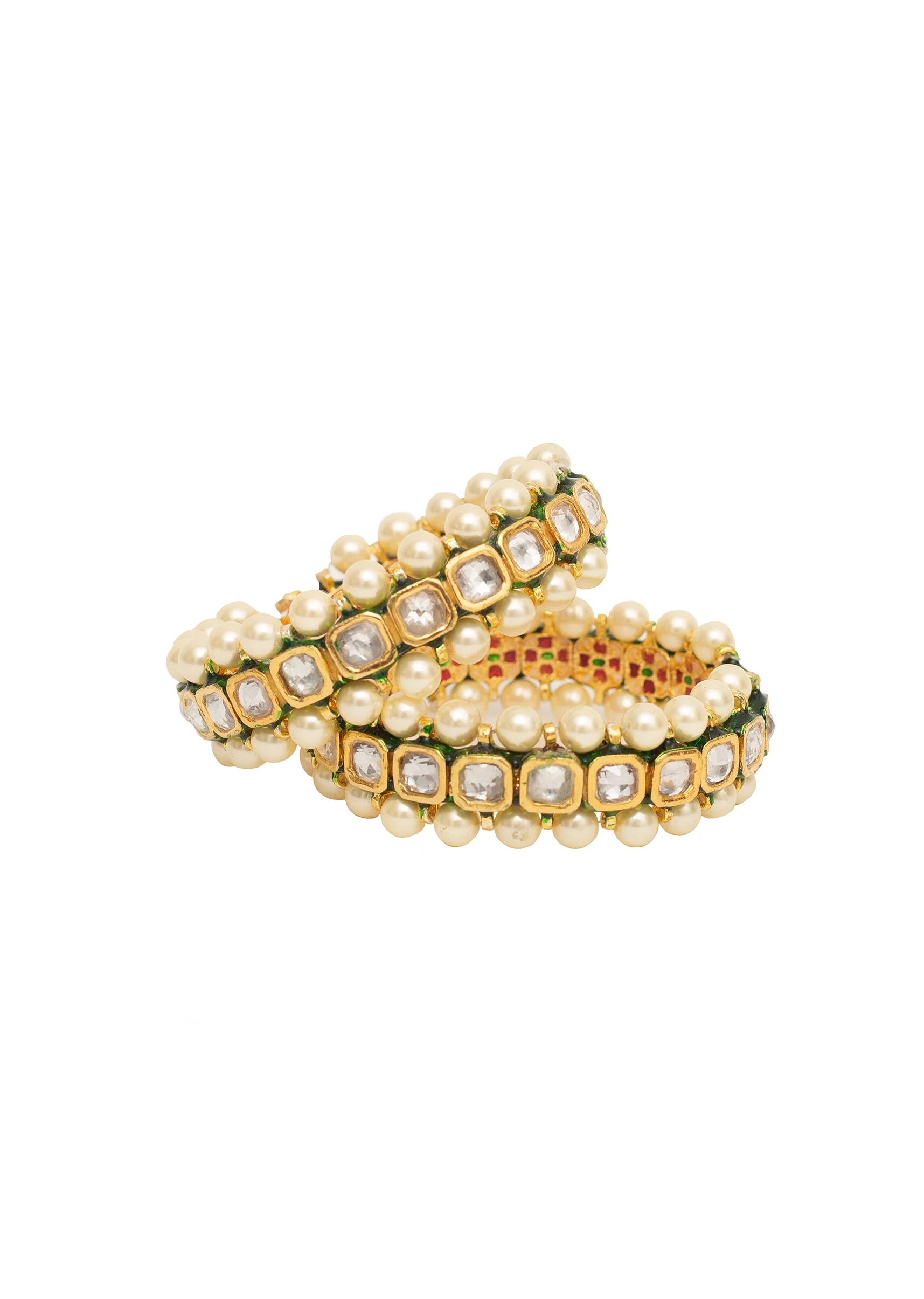 Gold Plated Bangles With Pearl Borders And Square Cut Stones - Image 4