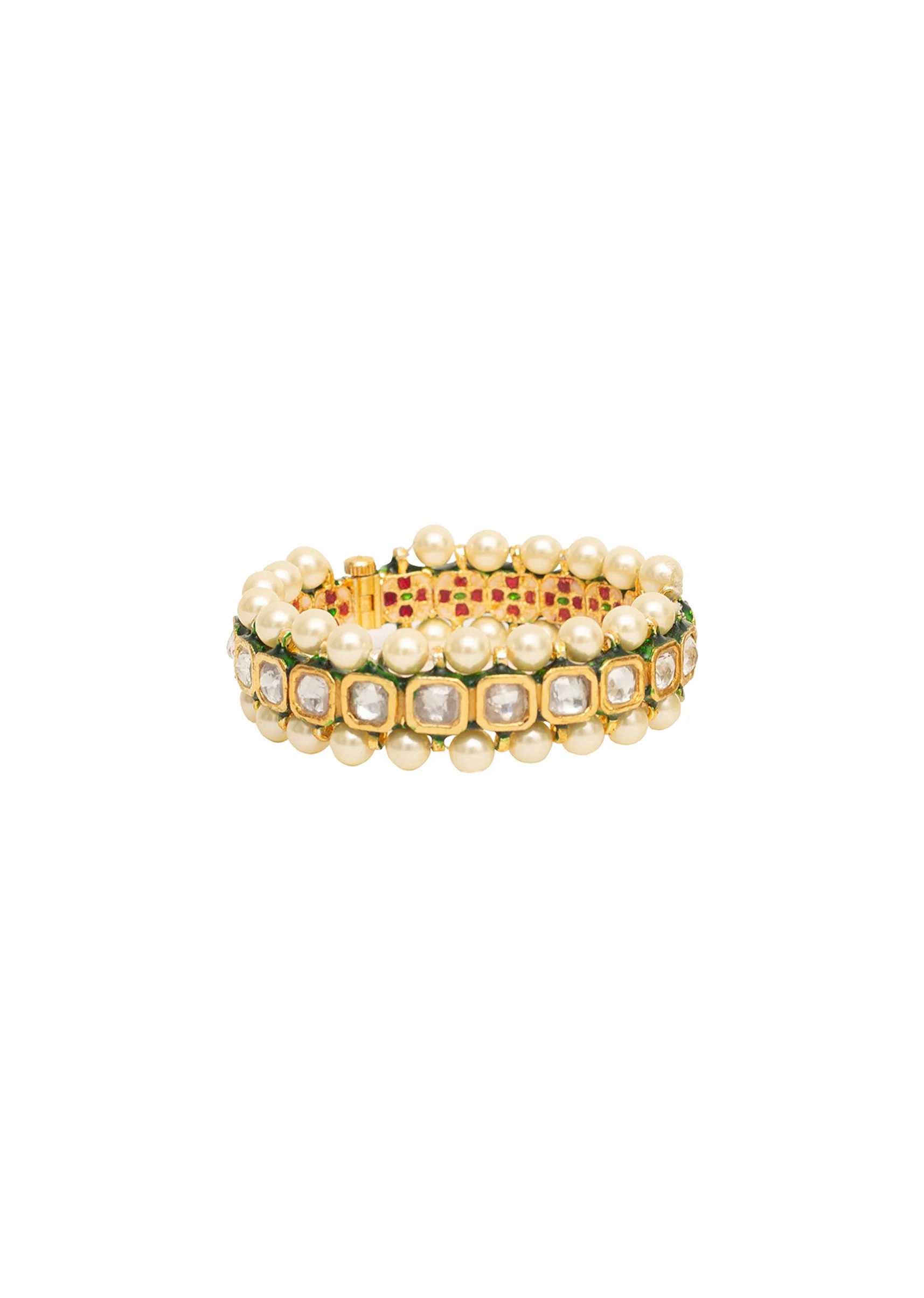 Gold Plated Bangles With Pearl Borders And Square Cut Stones - Image 5