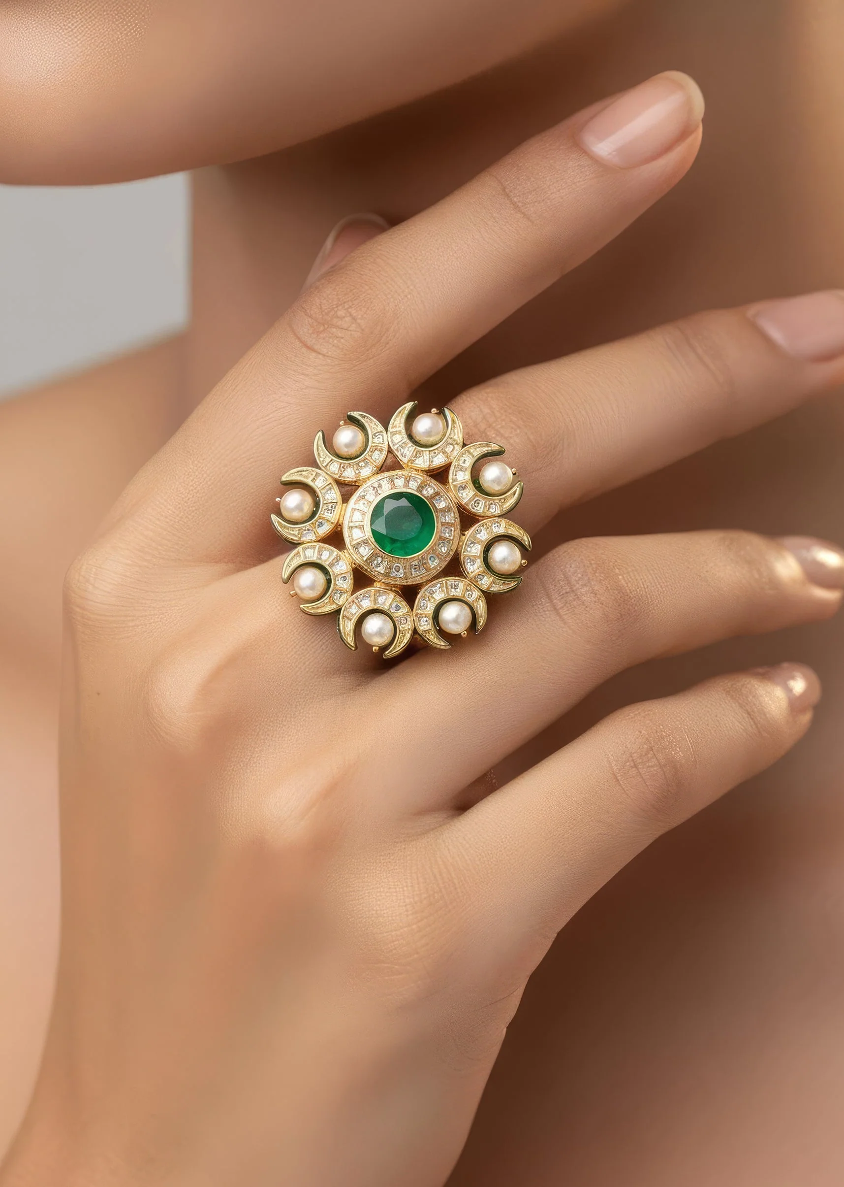 Gold Plated Centre Green Stone Kundan Polki Ring