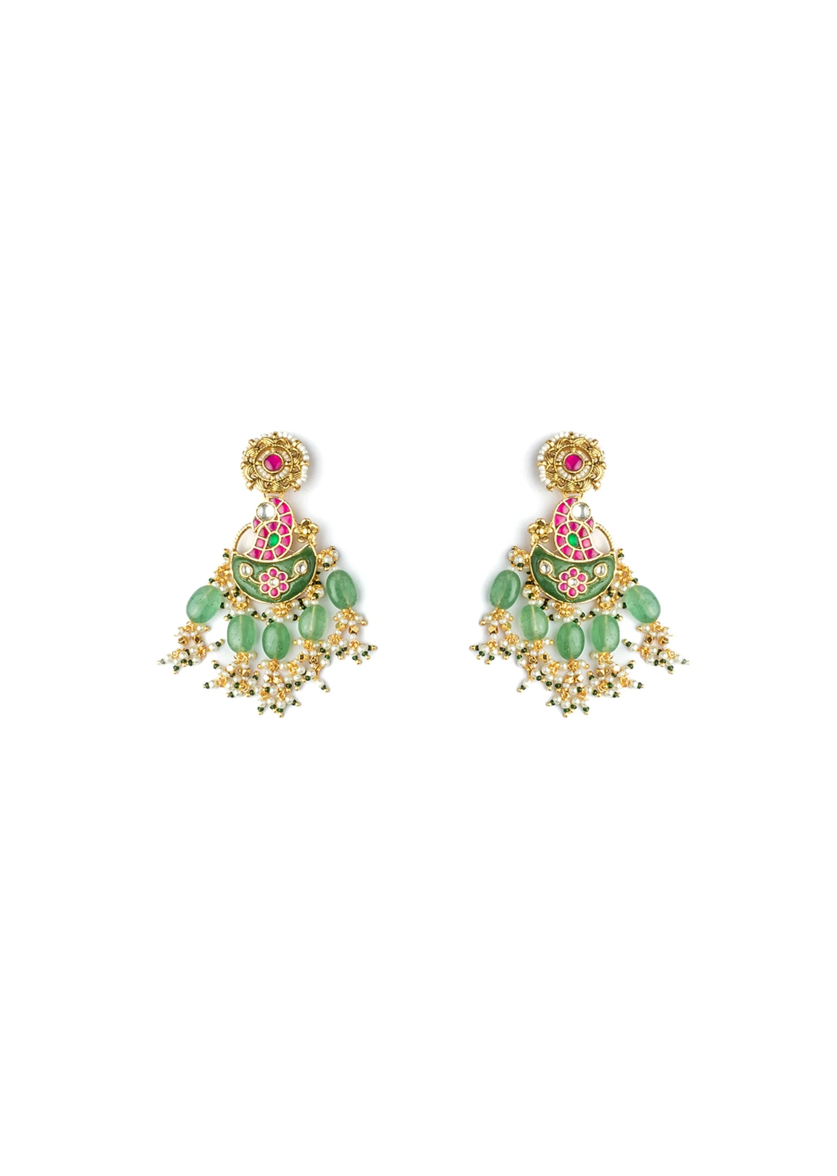 Gold Plated Colourful Kundan Polki Necklace Set With Earrings - Image 4