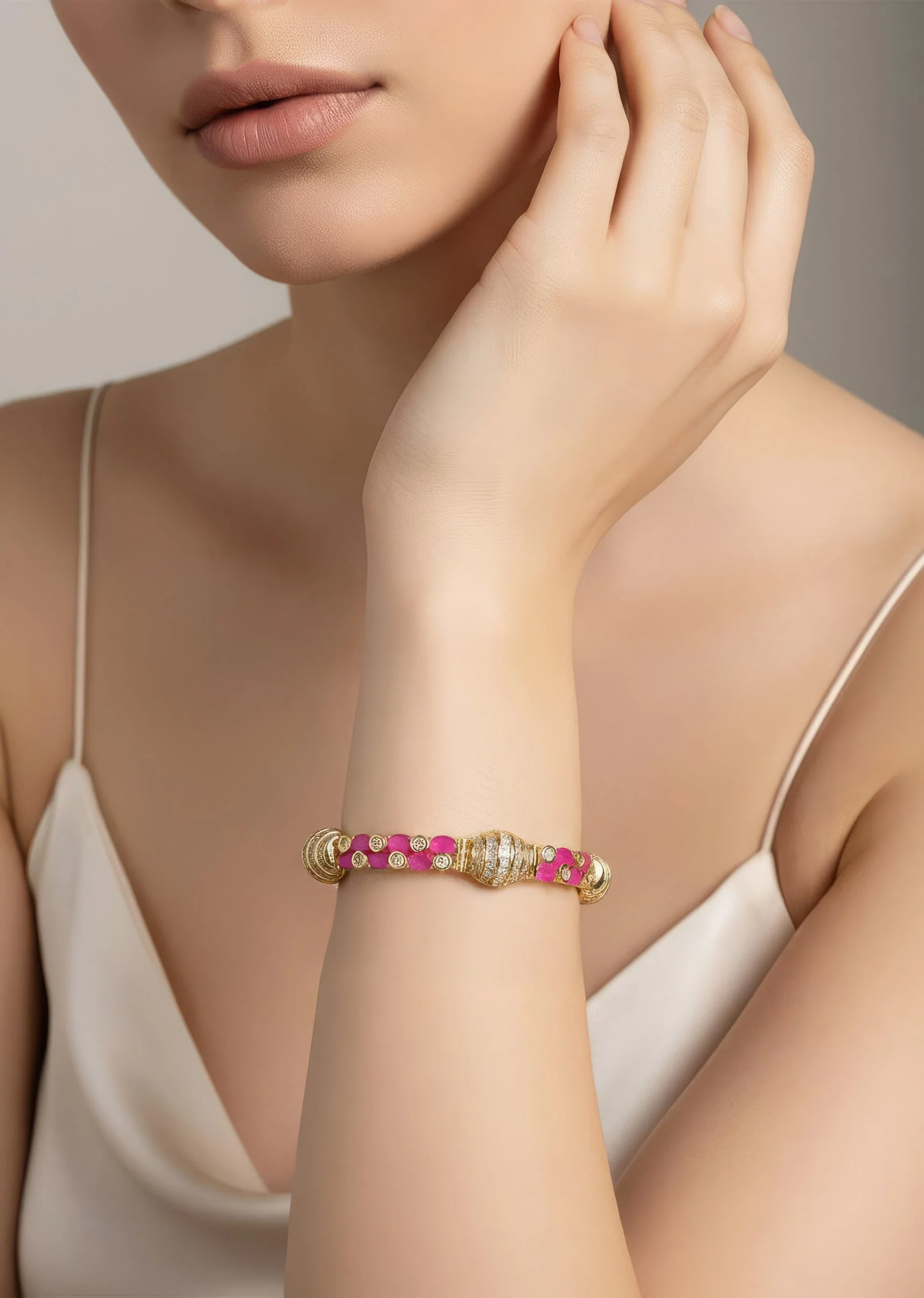 Gold Plated Dazzling White And Pink Synthetic Stone Bangles