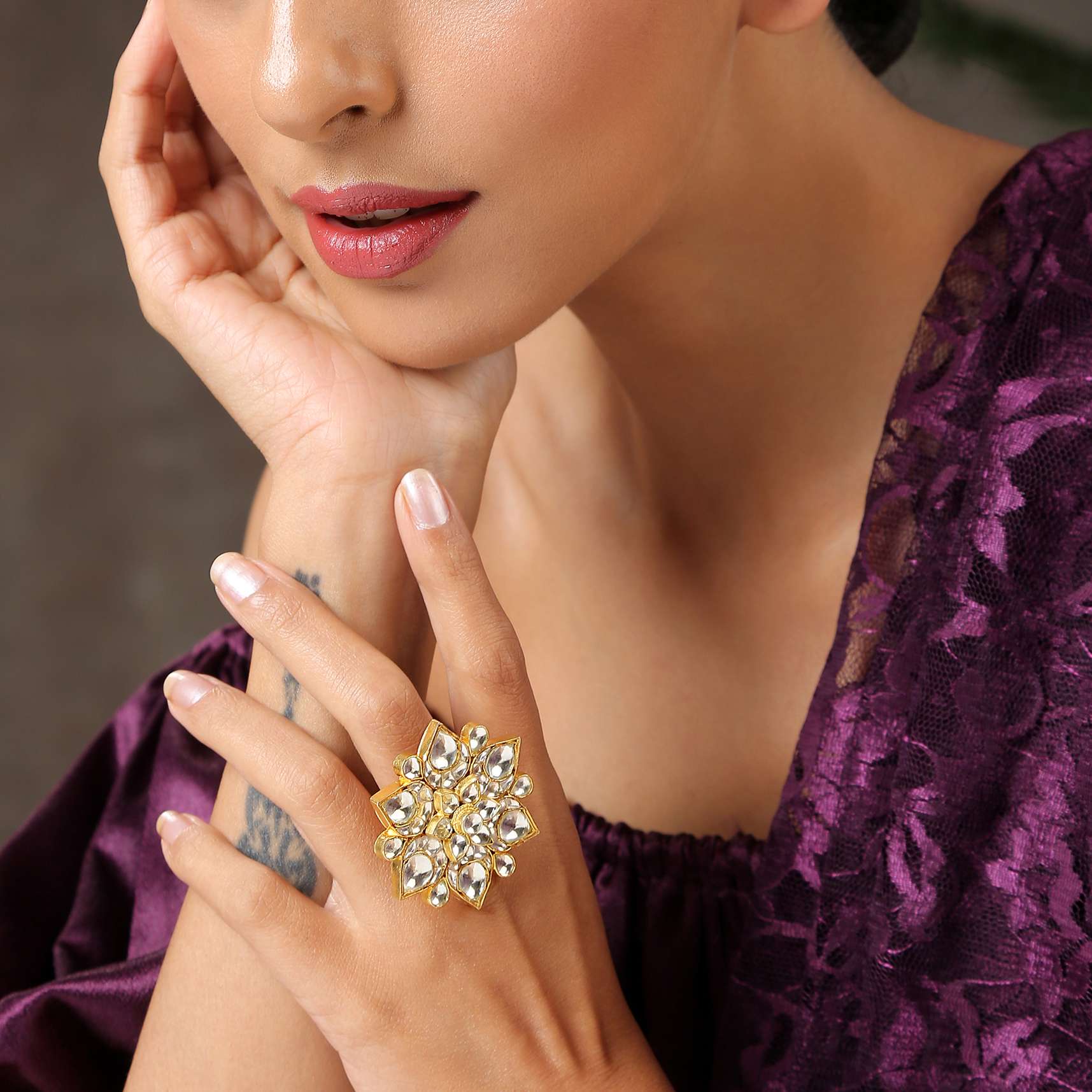 Gold Plated Floral Polki Ring - Image 2