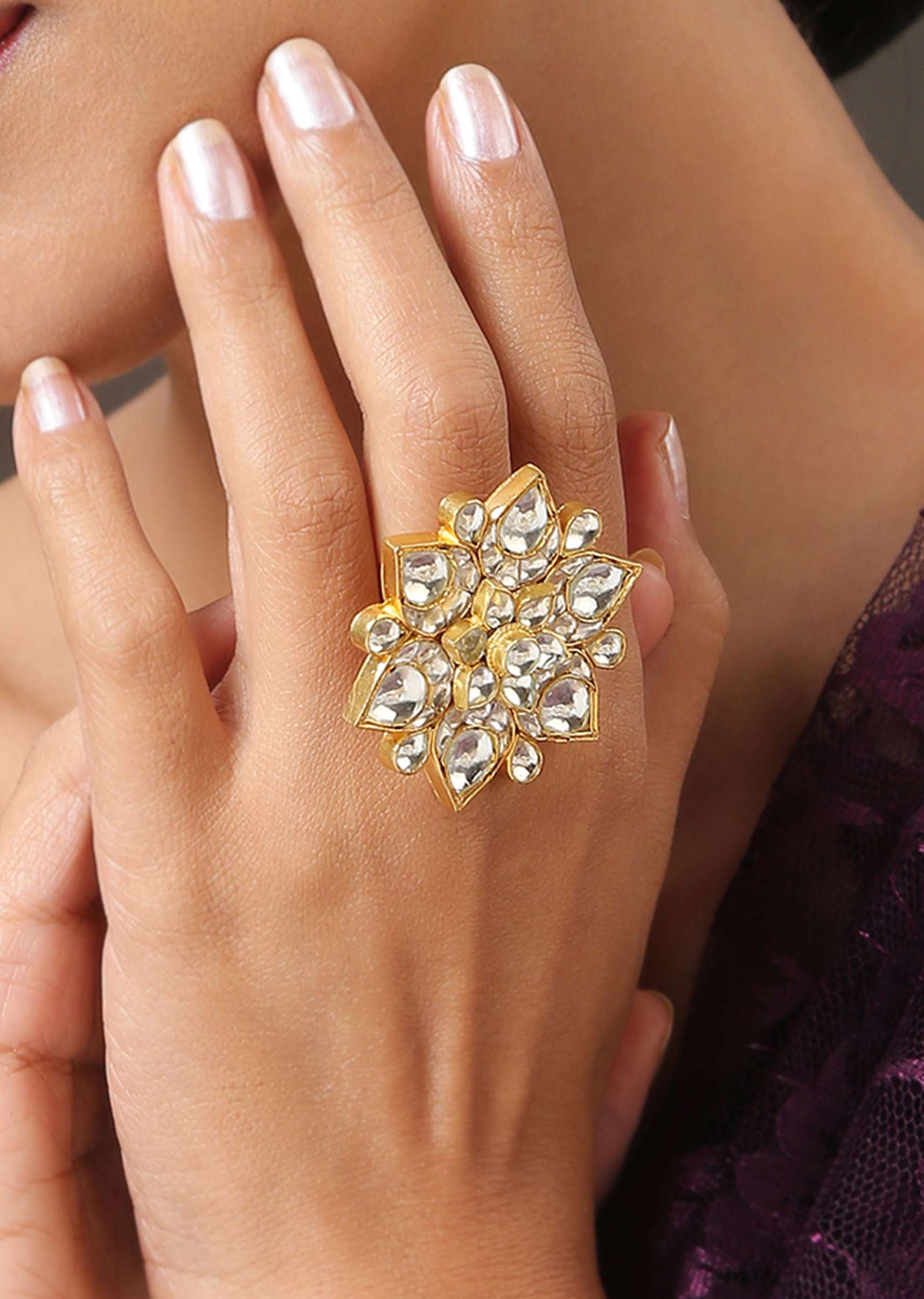 Gold Plated Floral Polki Ring - Image 3
