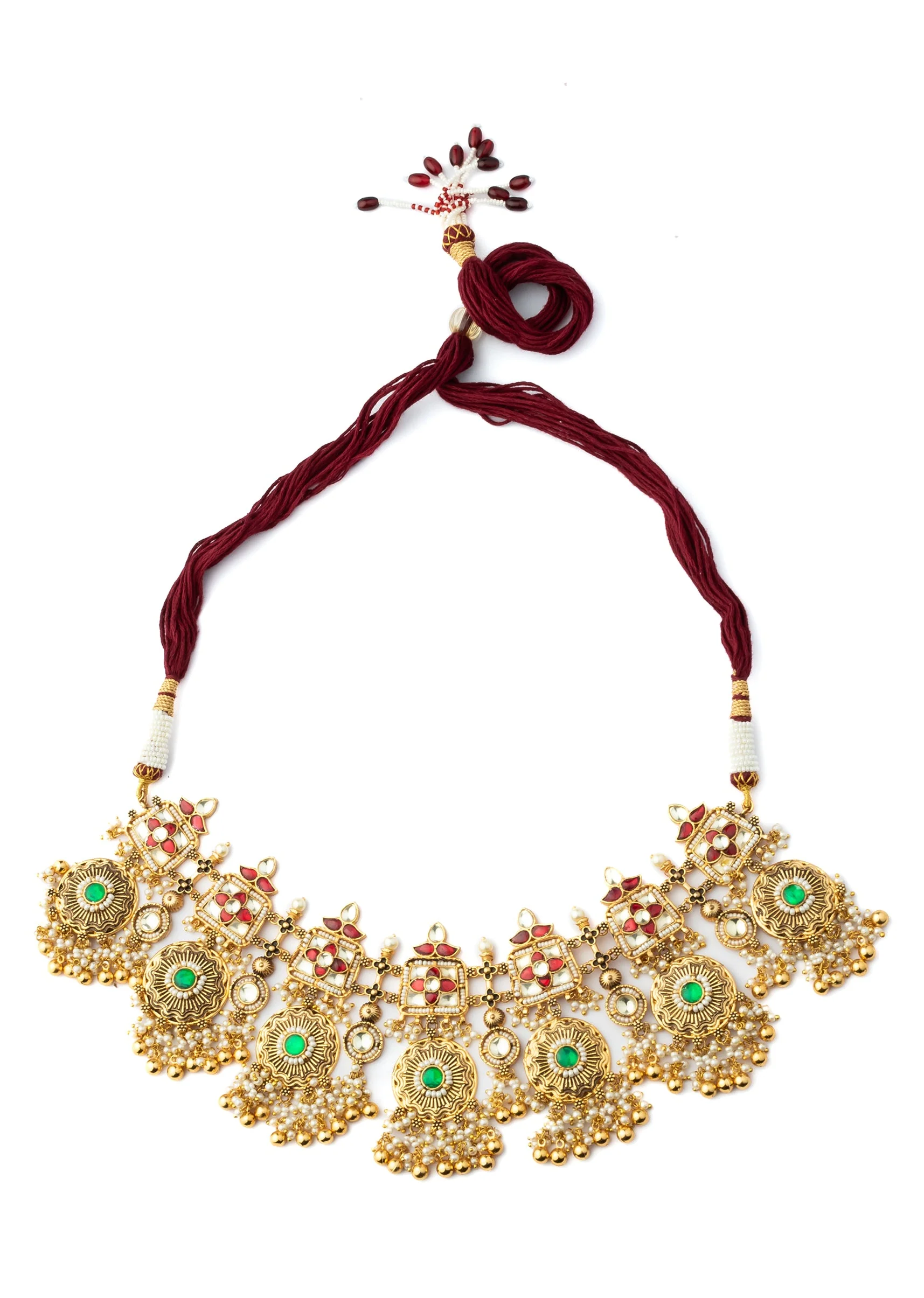 Gold Plated Green And Red Gemstones With Dangling Embellished Necklace Set With Earrings - Image 2