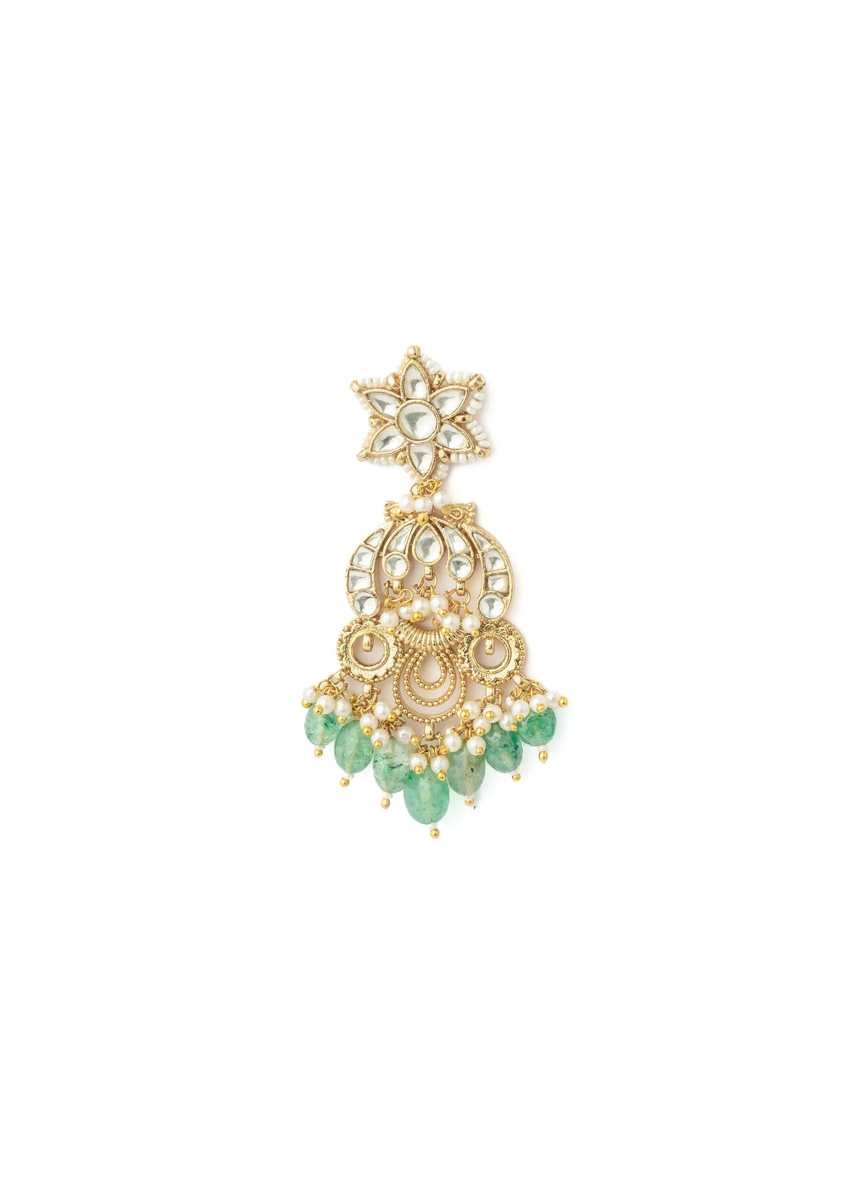 Gold Plated Green Chandelier Earrings With Intricate Kundan Work - Image 3