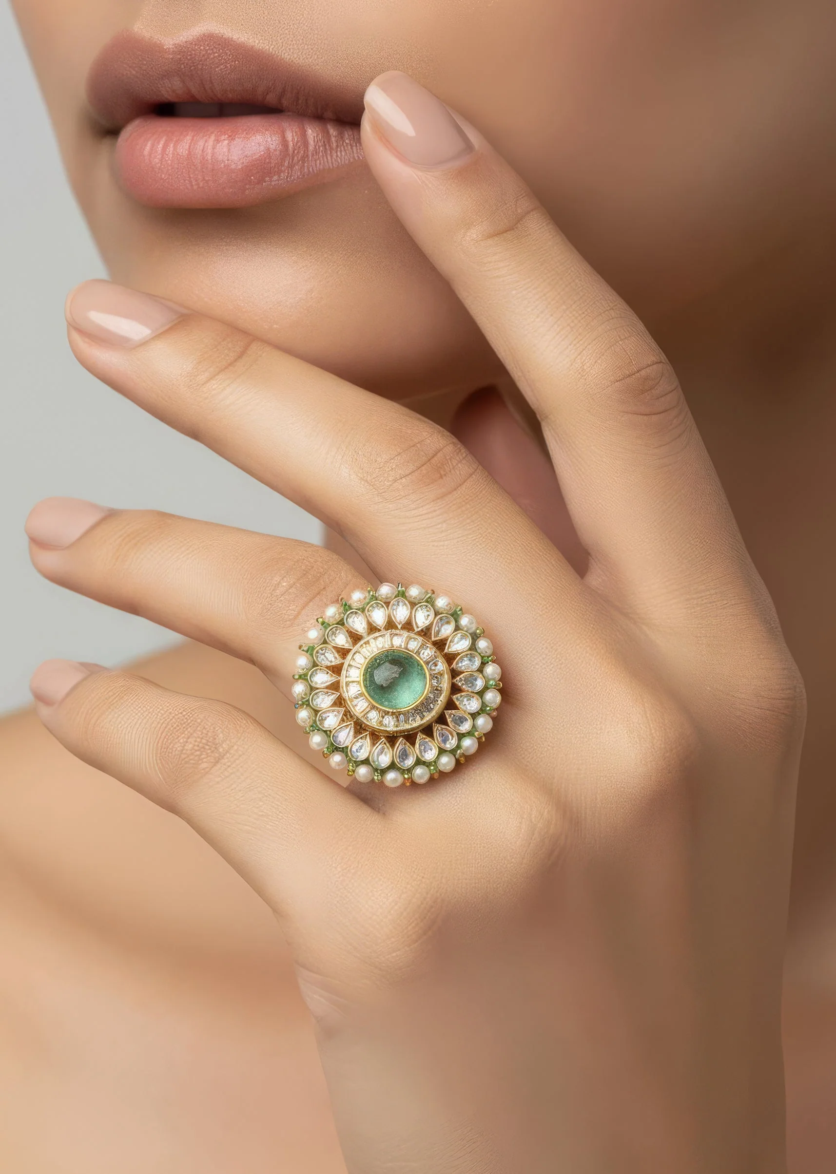 Gold Plated Green Kundan And Polki Ring
