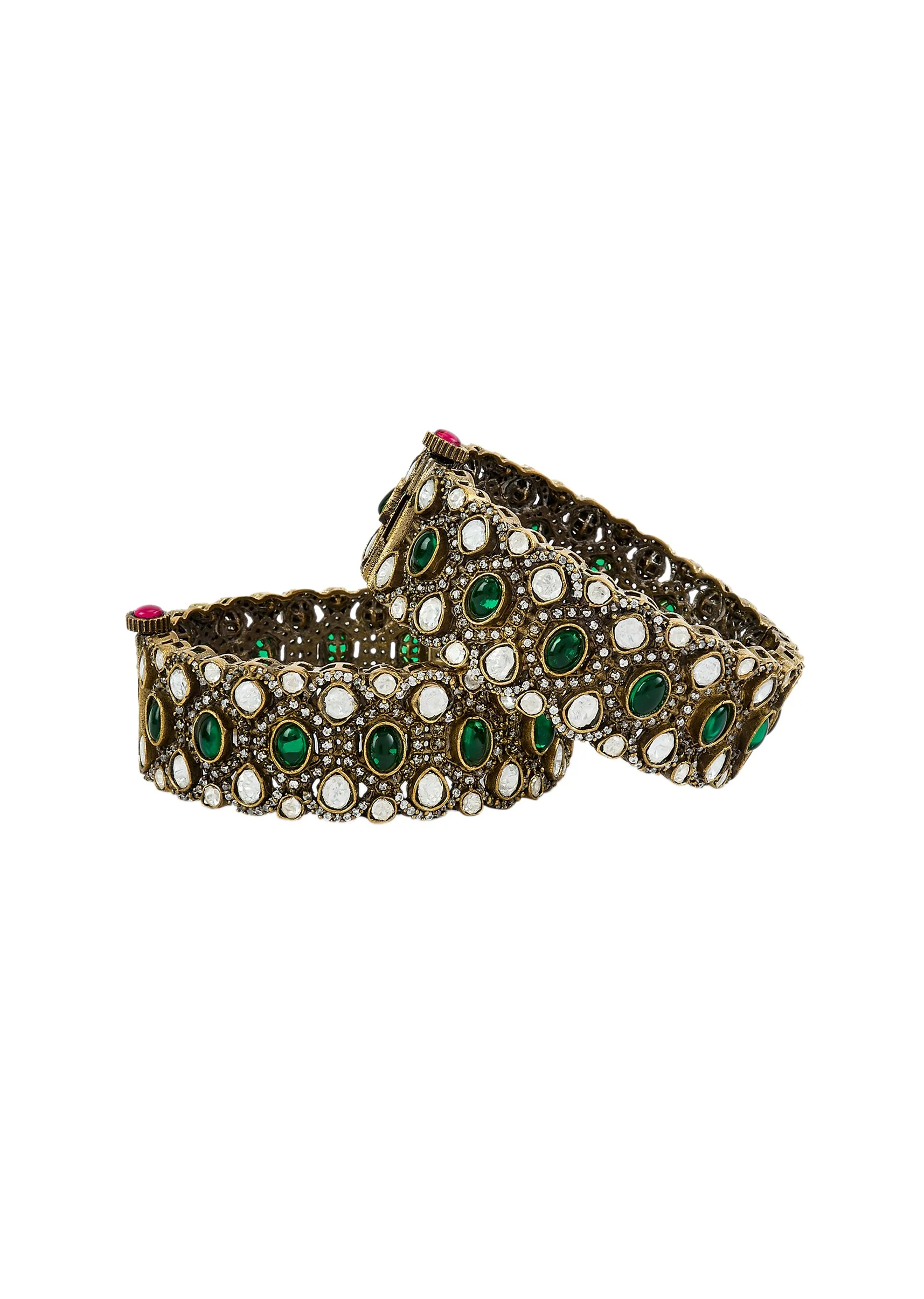 Gold Plated Green Kundan Polki Bangles - Image 2