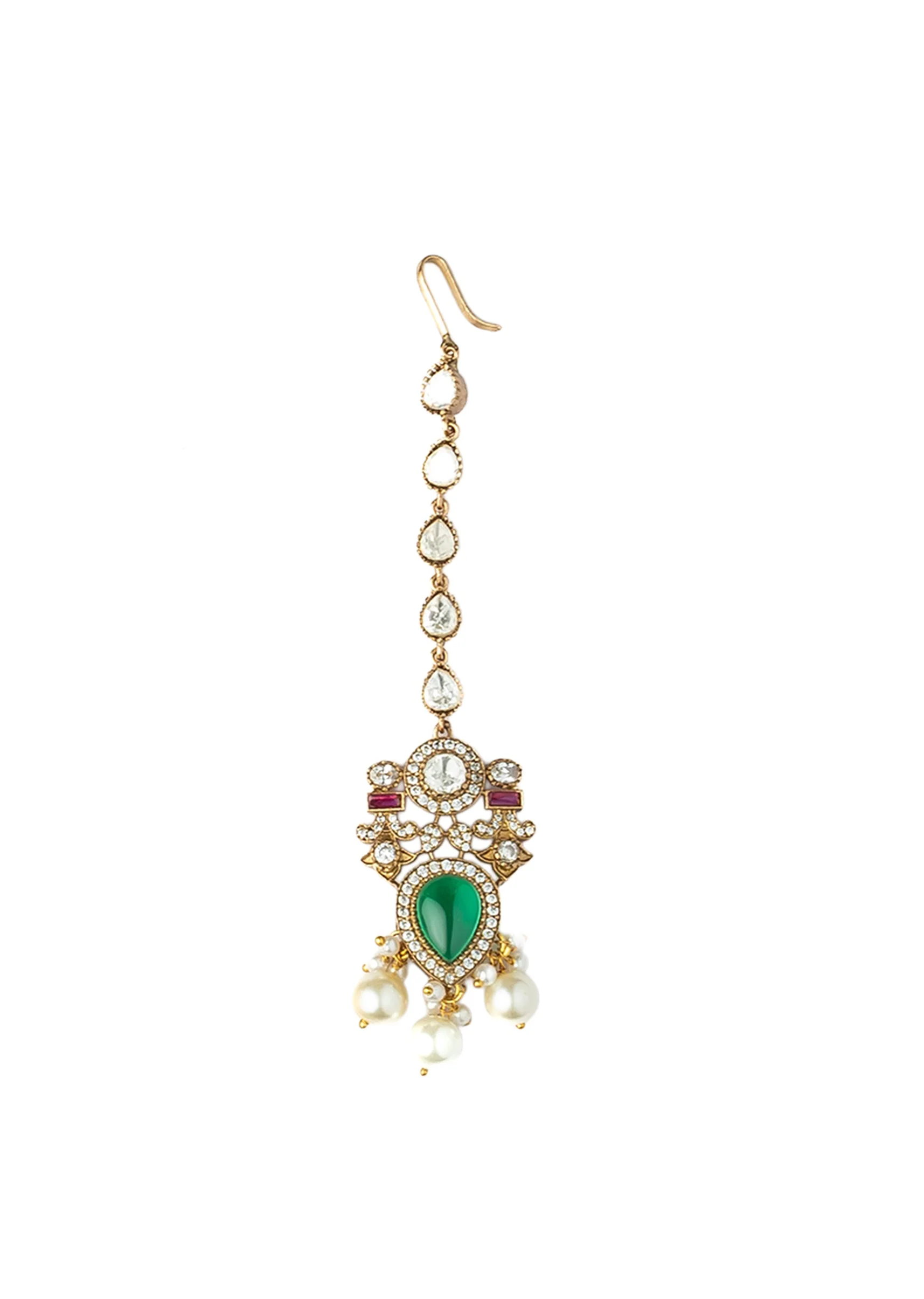 Gold Plated Green Kundan Polki Necklace Set With Earrings And Maangtikka - Image 5