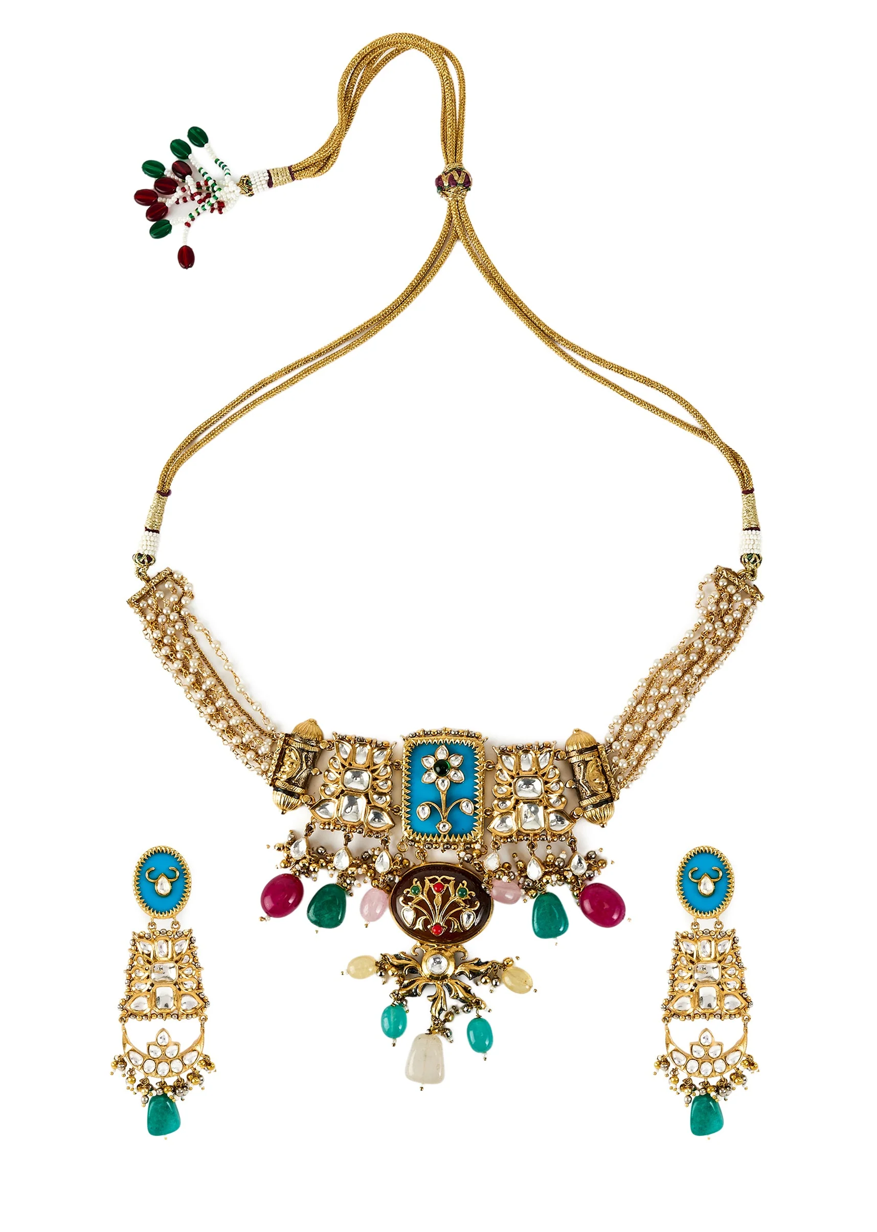 Gold Plated Kundan Polki Choker Necklace Set With Earrings - Image 2