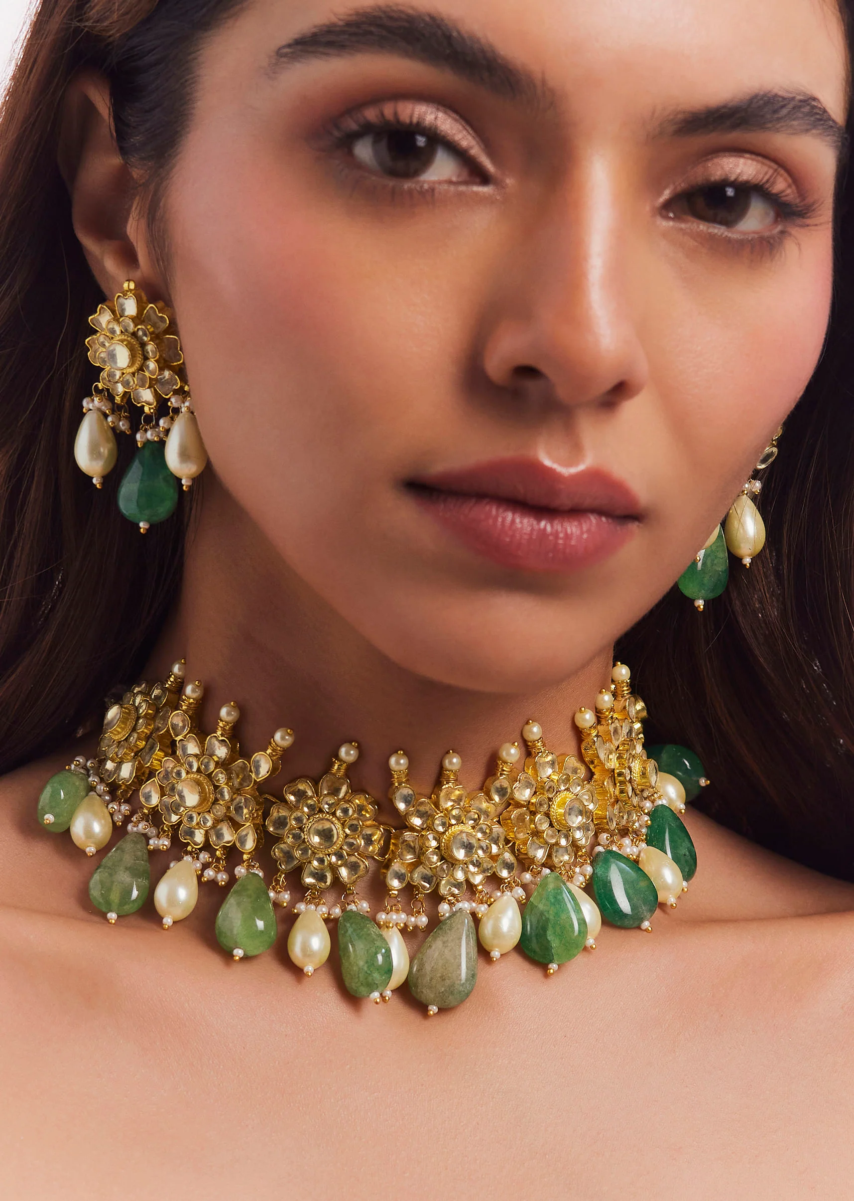 Gold Plated Kundan Polki Green Beads Bridal Choker Necklace Earrings Set