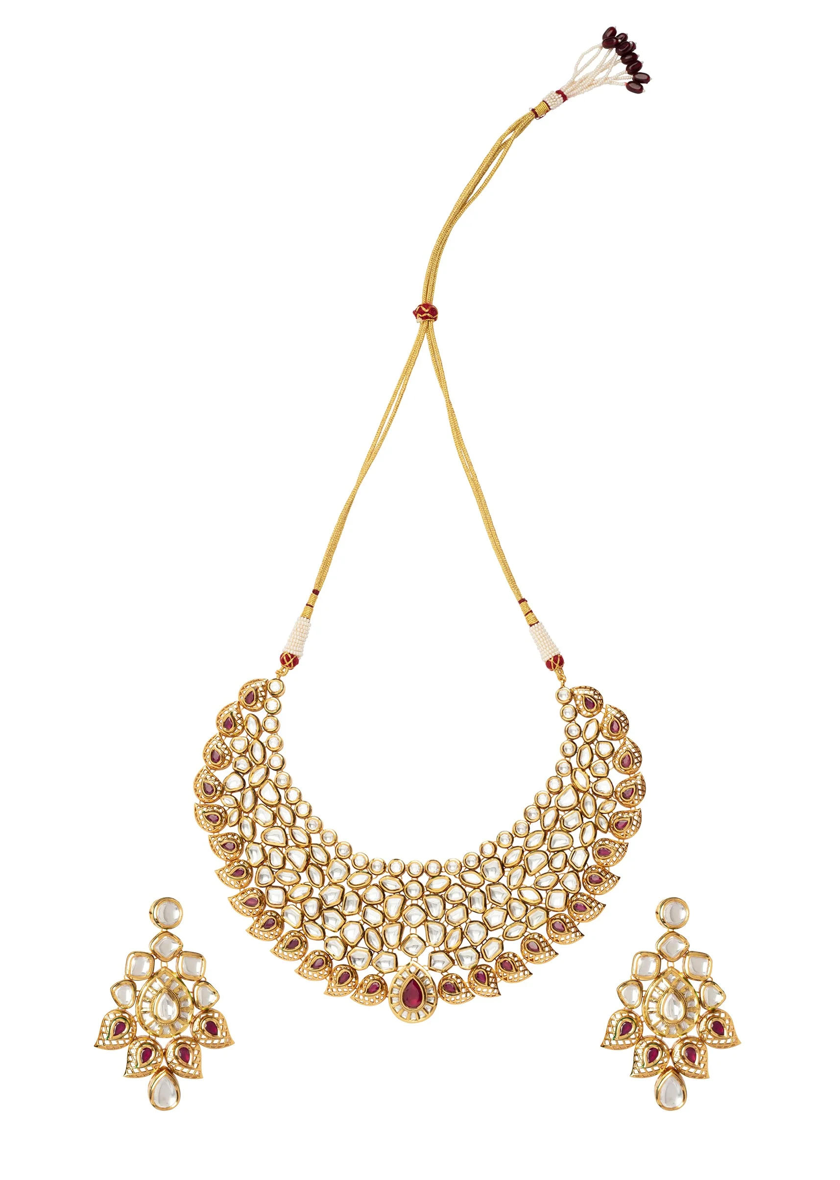 Gold Plated Kundan Polki Necklace With Earrings - Image 2