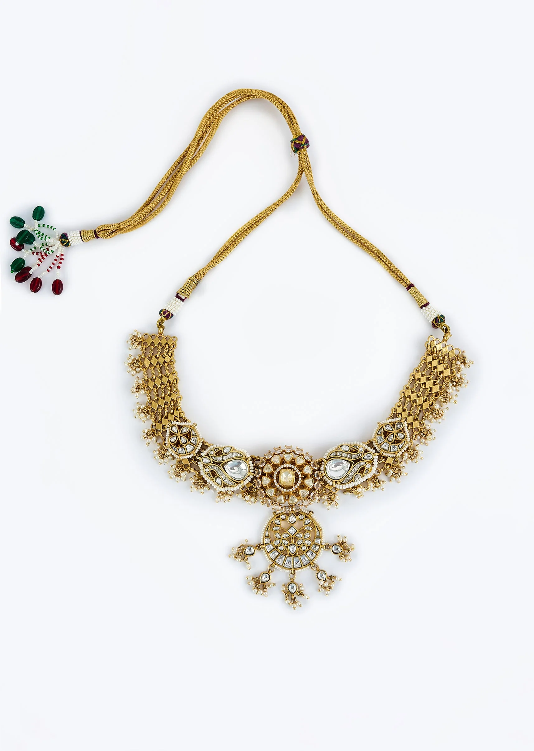 Gold Plated Kundan Polki Short Necklace Set With Earrings - Image 3