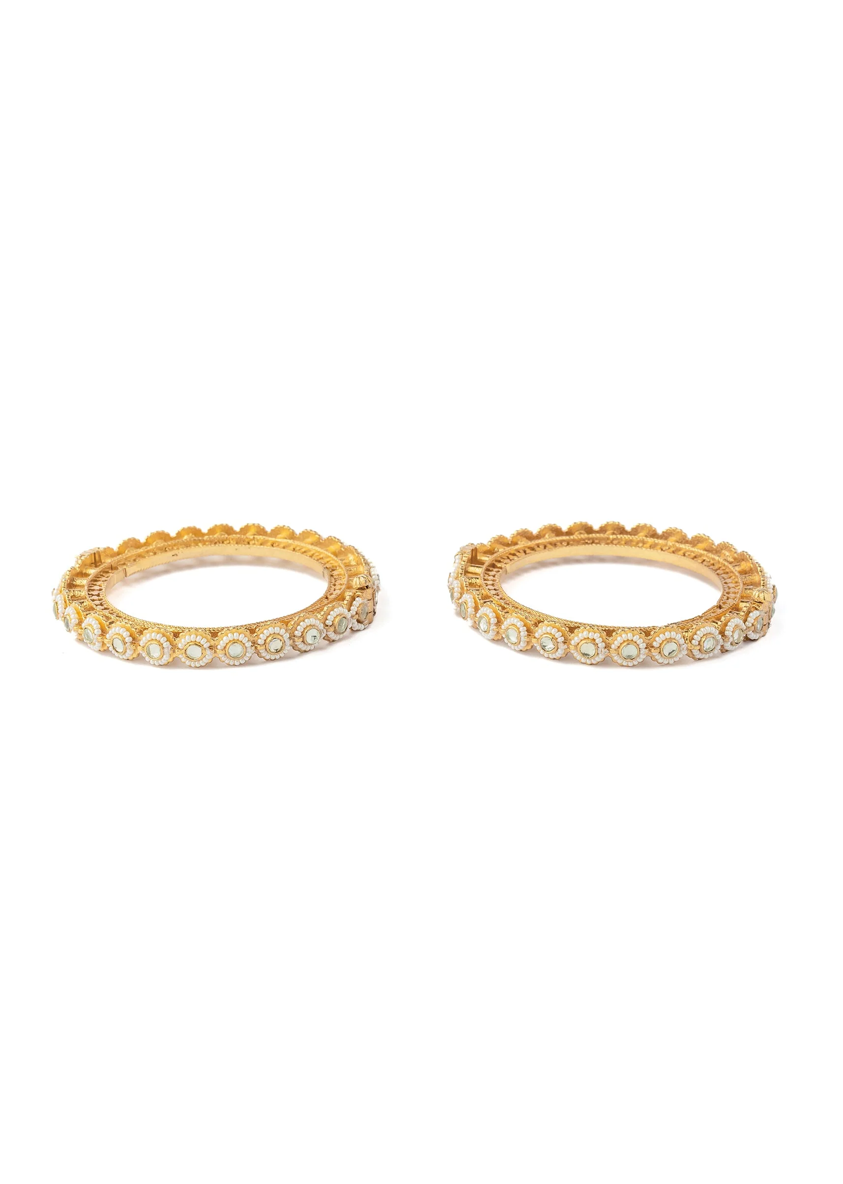 Gold Plated Kundan Polki With Pearls And Gemstones Bangles - Image 2