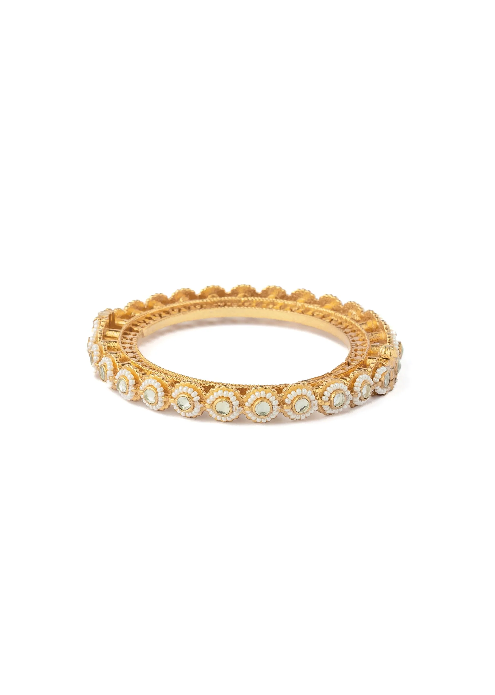 Gold Plated Kundan Polki With Pearls And Gemstones Bangles - Image 3