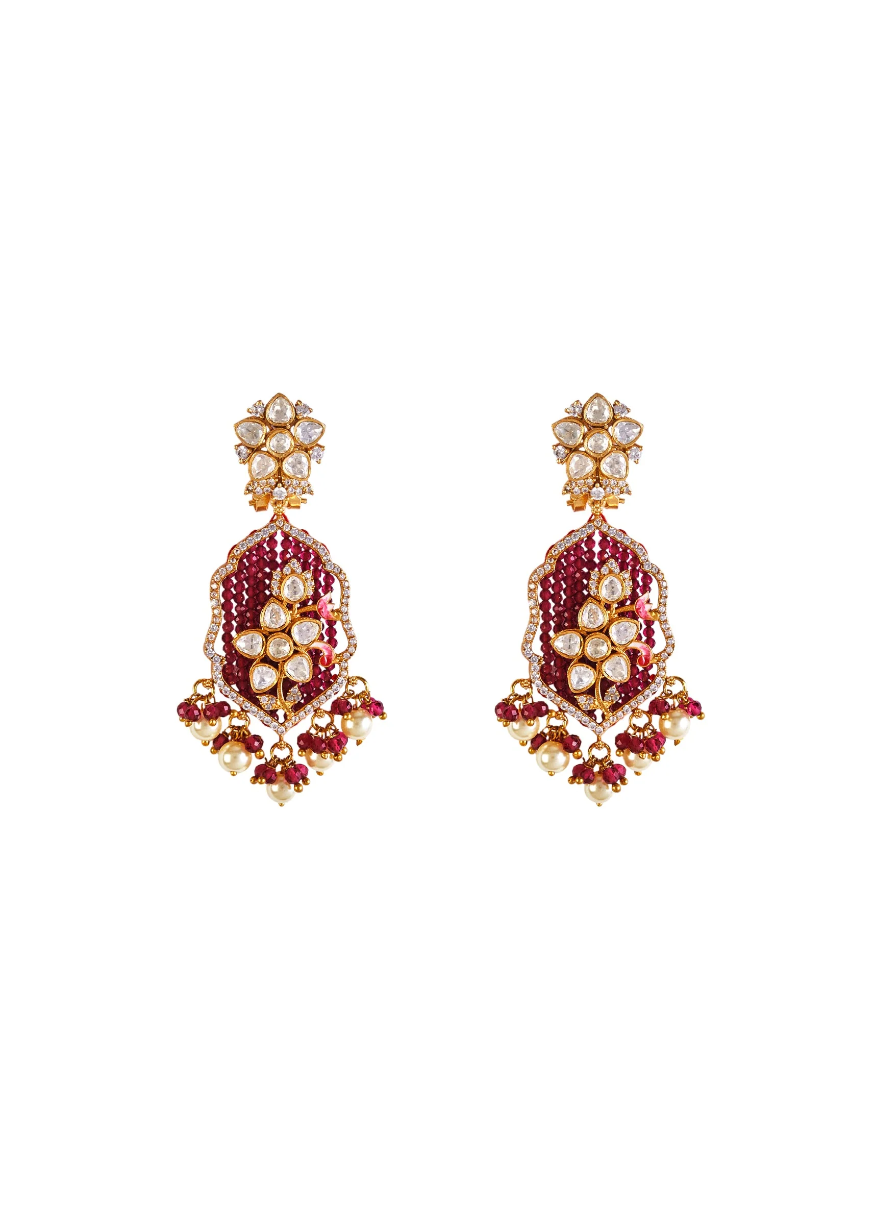 Gold Plated Maroon And White Beads Long Necklace Set With Earrings - Image 3
