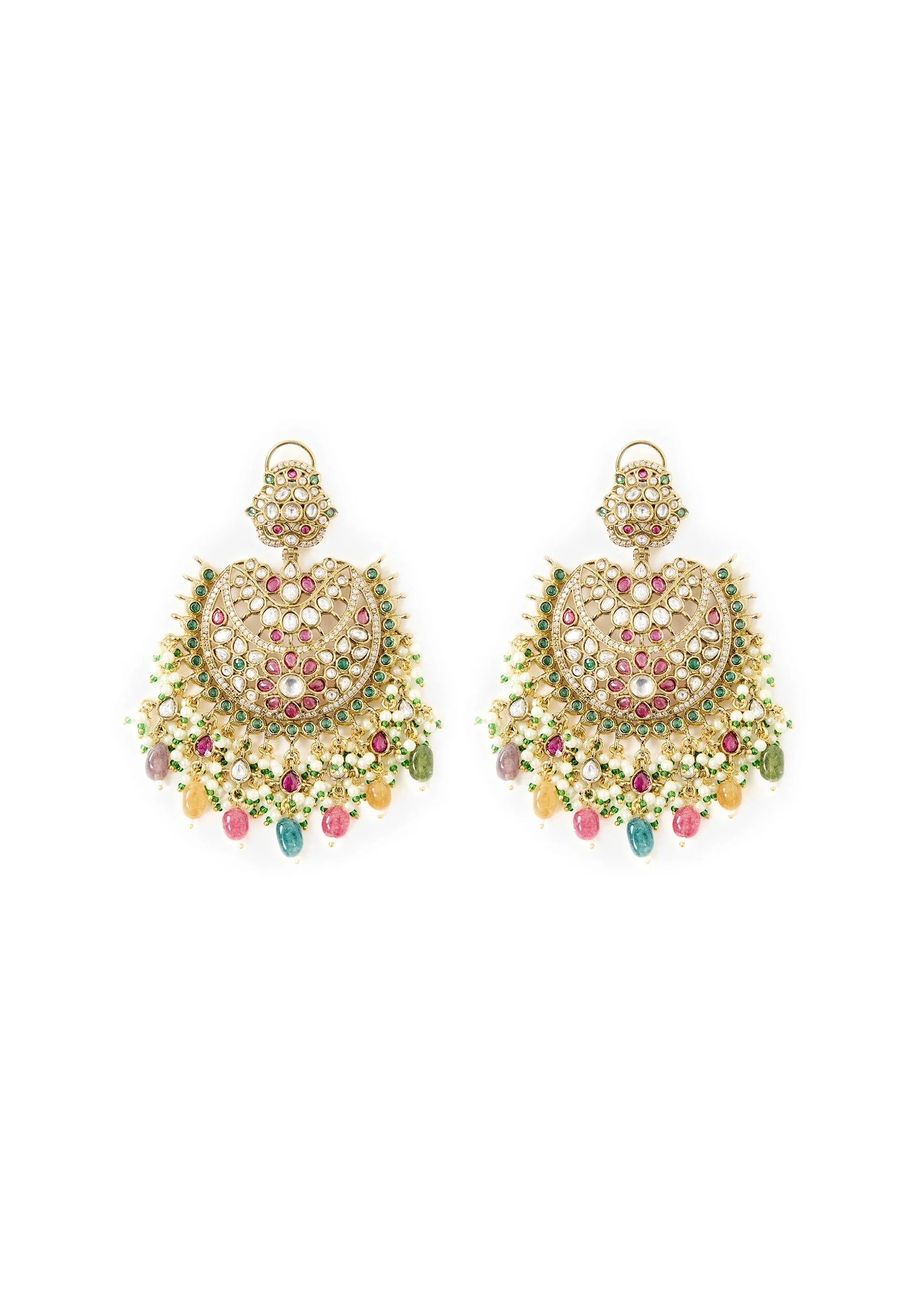 Gold Plated Multicolor Stone Chandelier Earrings - Image 2