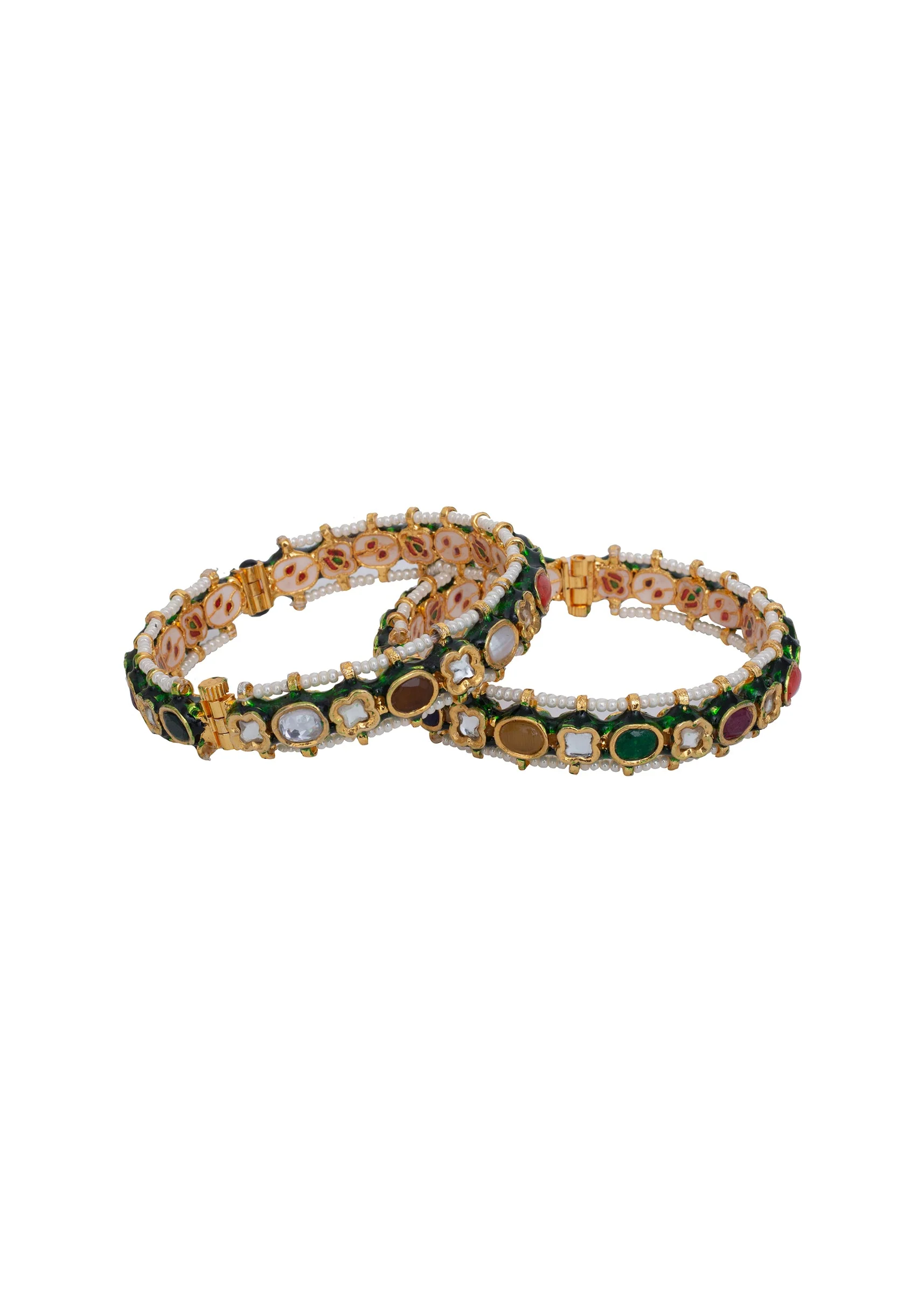 Gold Plated Multicolored Gemstones Kundan Polki Bangles - Image 2