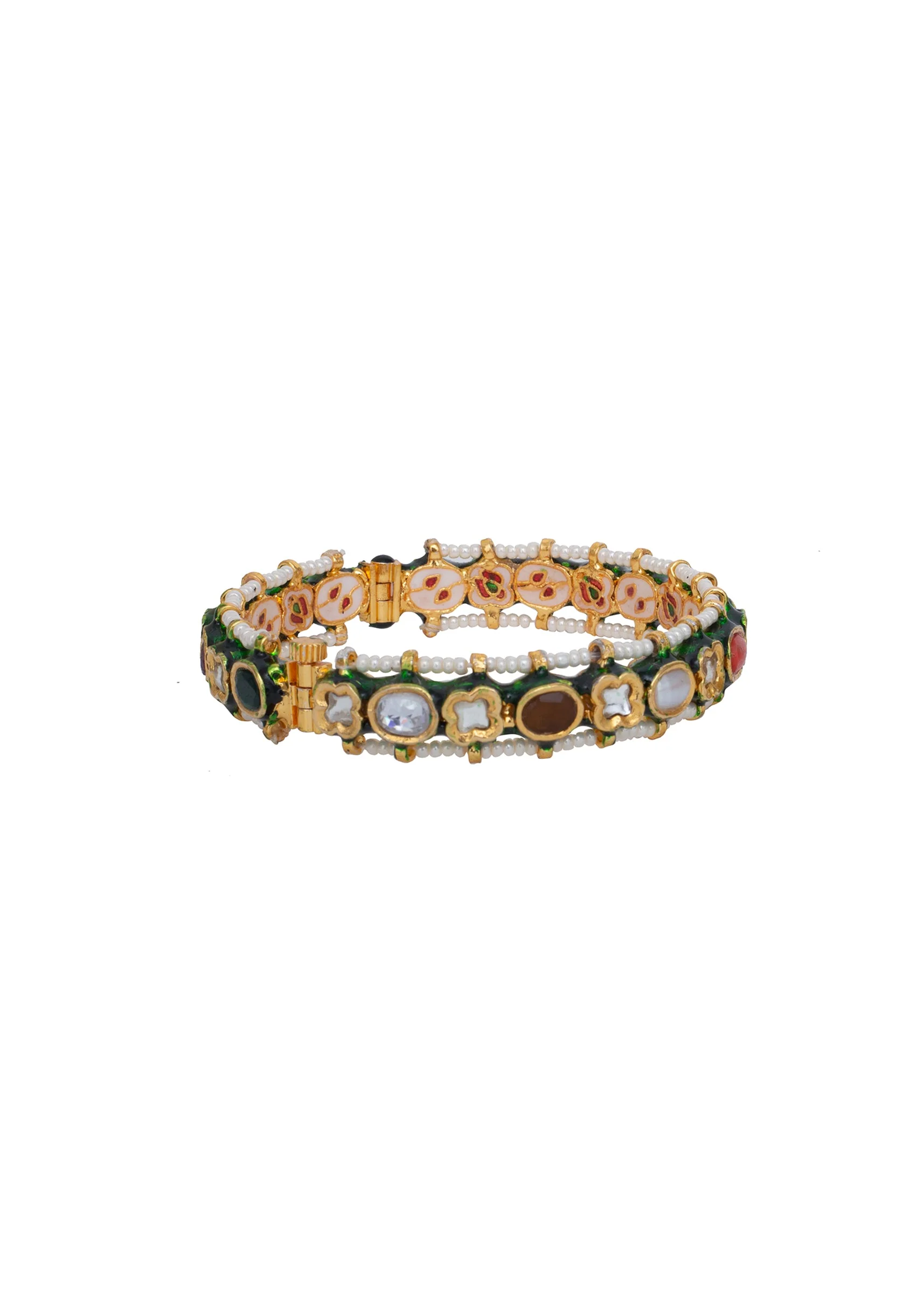 Gold Plated Multicolored Gemstones Kundan Polki Bangles - Image 3