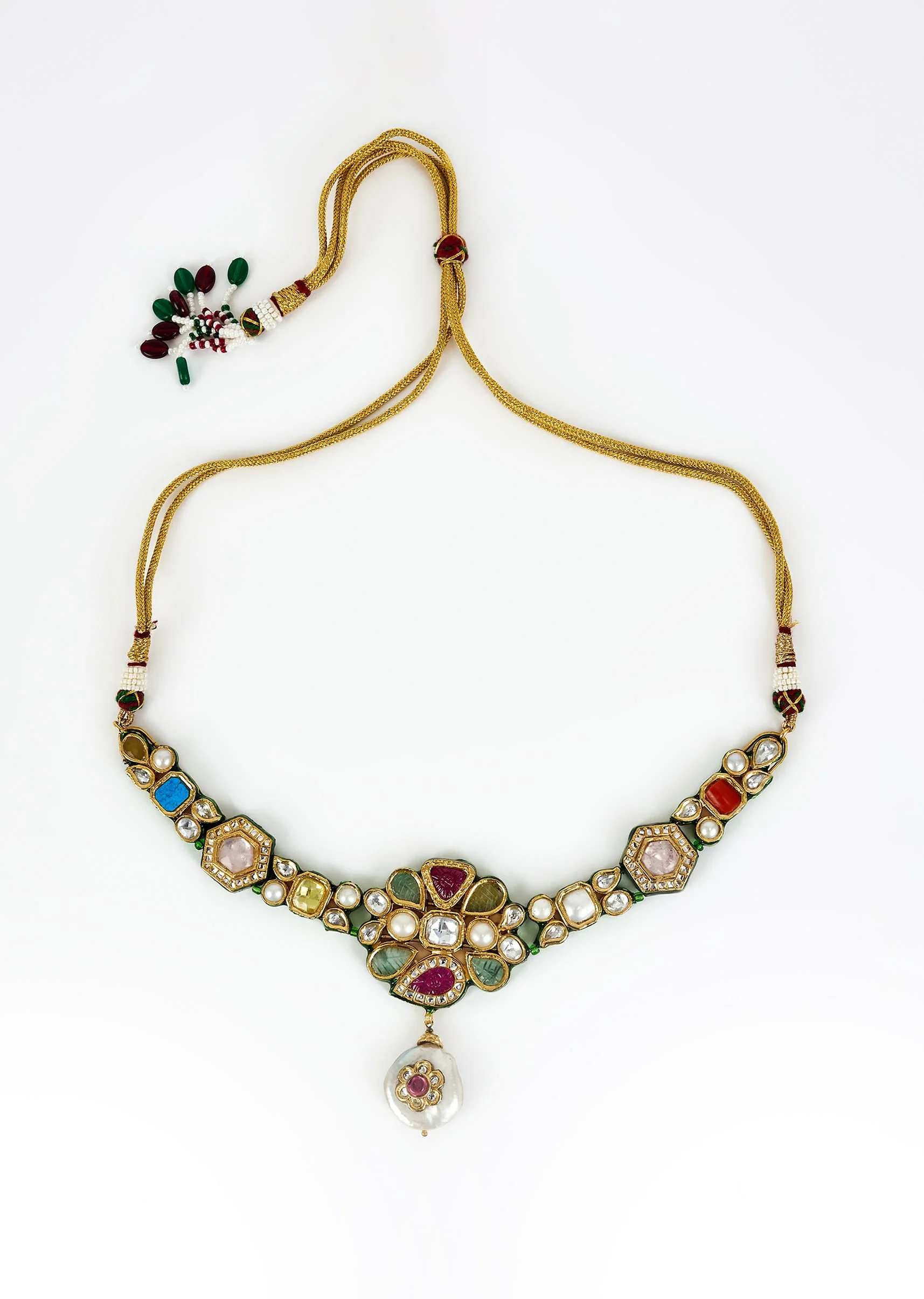 Gold Plated Multicolored Kundan Polki Choker Necklace Set With Earrings - Image 3