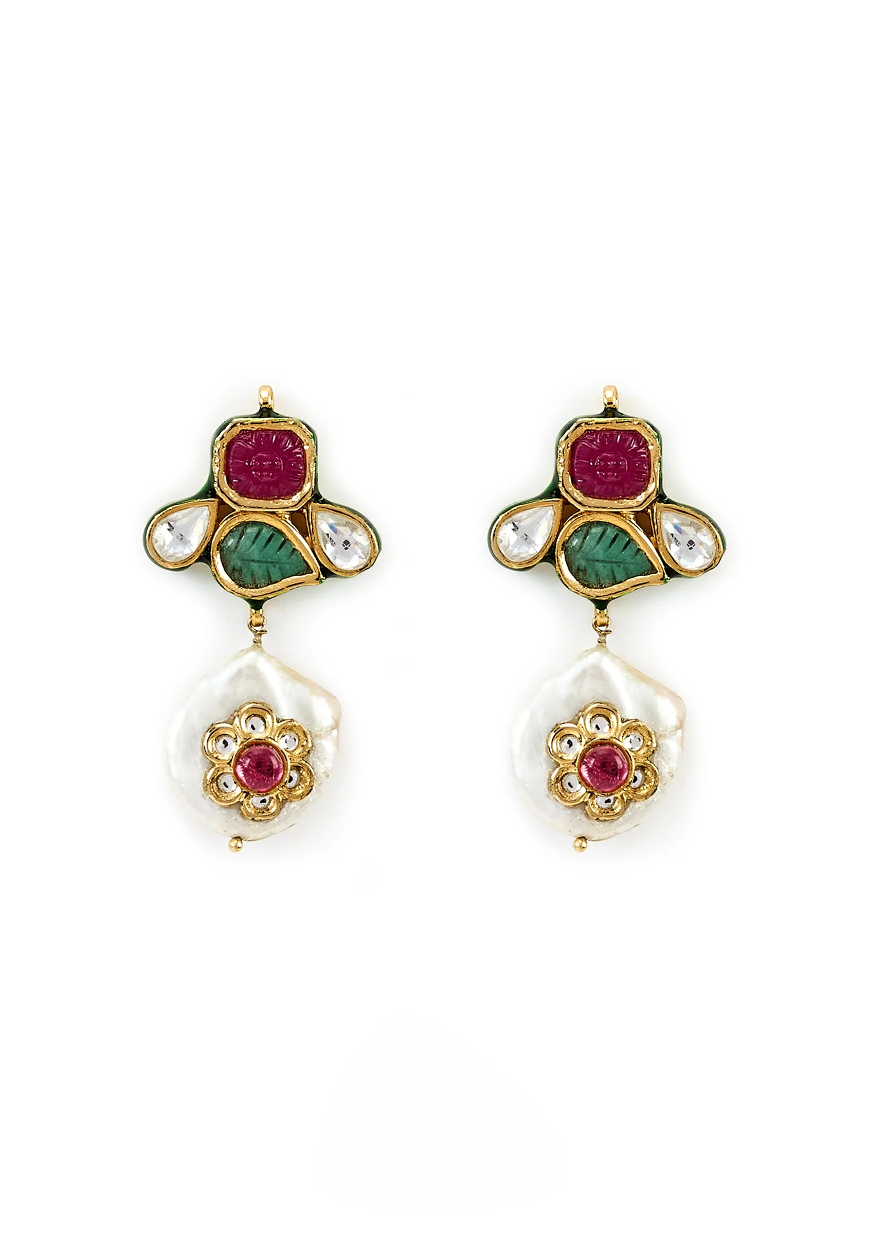 Gold Plated Multicolored Kundan Polki Choker Necklace Set With Earrings - Image 4