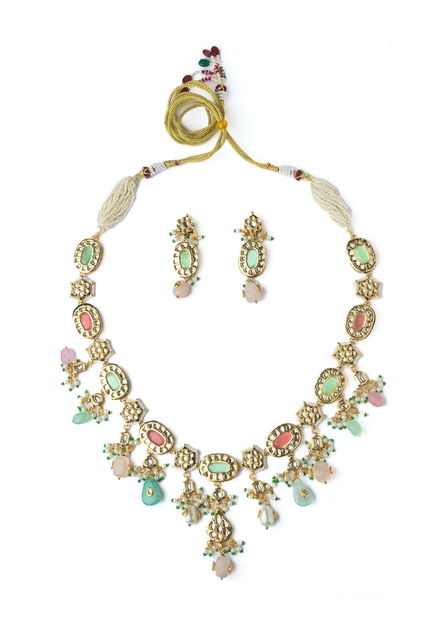 Gold Plated Multicolored Long Necklace Set With Earrings - Image 2