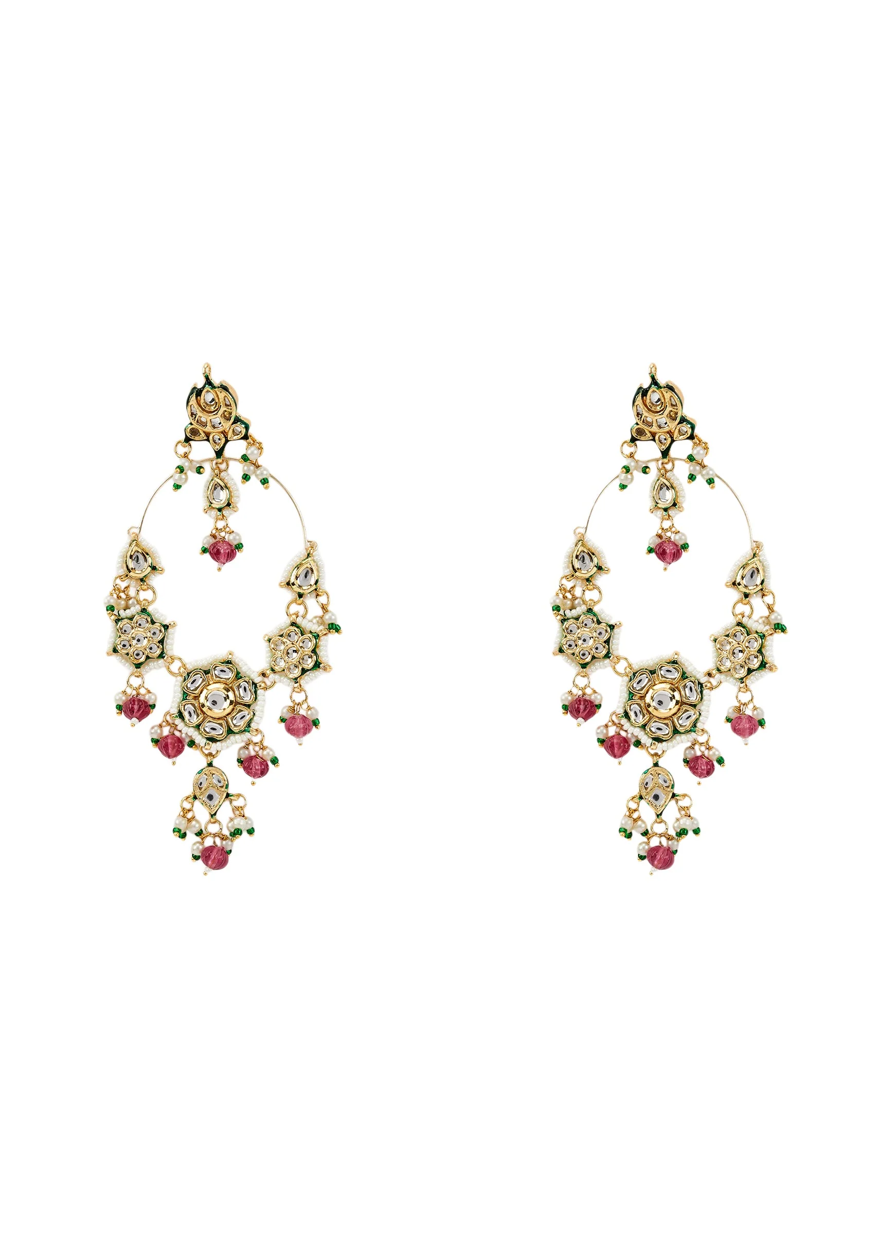 Gold Plated Pink Kundan Polki Danglers Earrings - Image 2