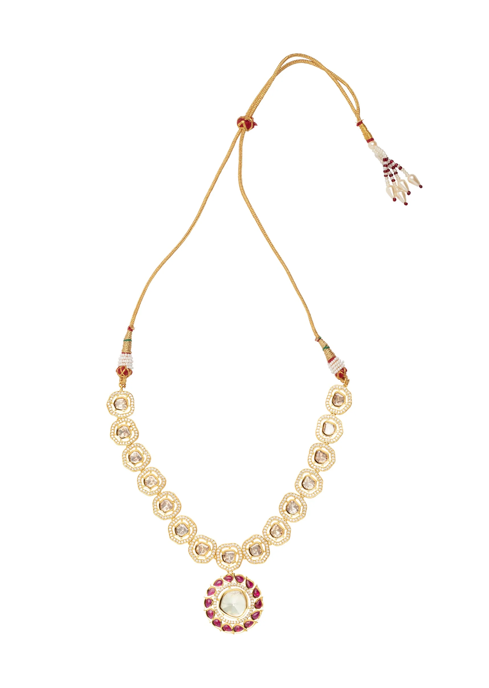Gold Plated Pink Synthetic Stone Necklace Set With Earrings - Image 3