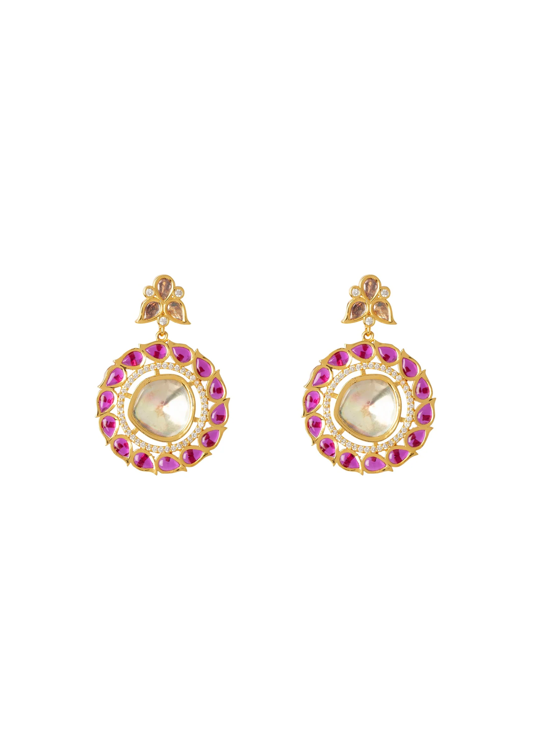 Gold Plated Pink Synthetic Stone Necklace Set With Earrings - Image 4