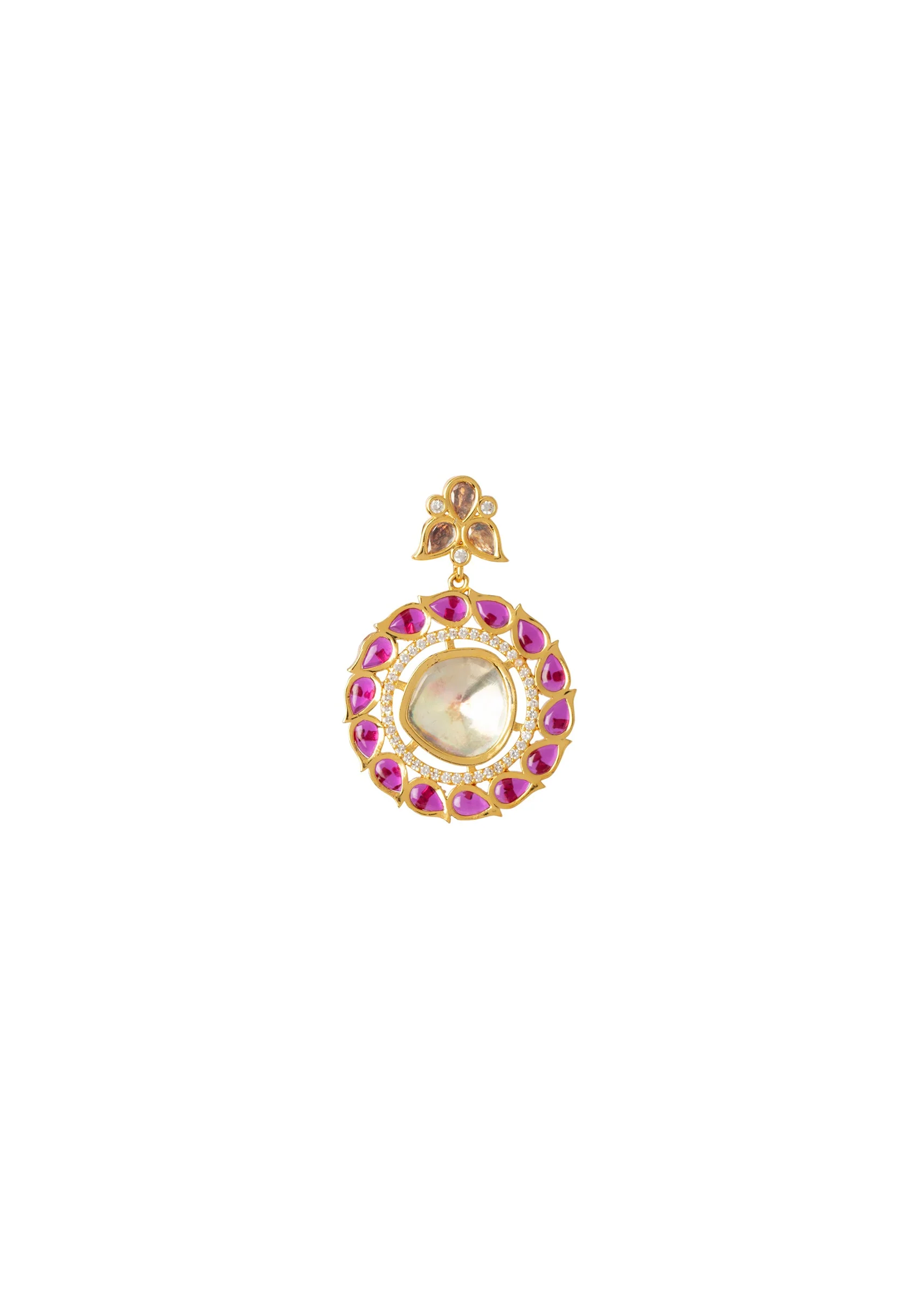 Gold Plated Pink Synthetic Stone Necklace Set With Earrings - Image 5
