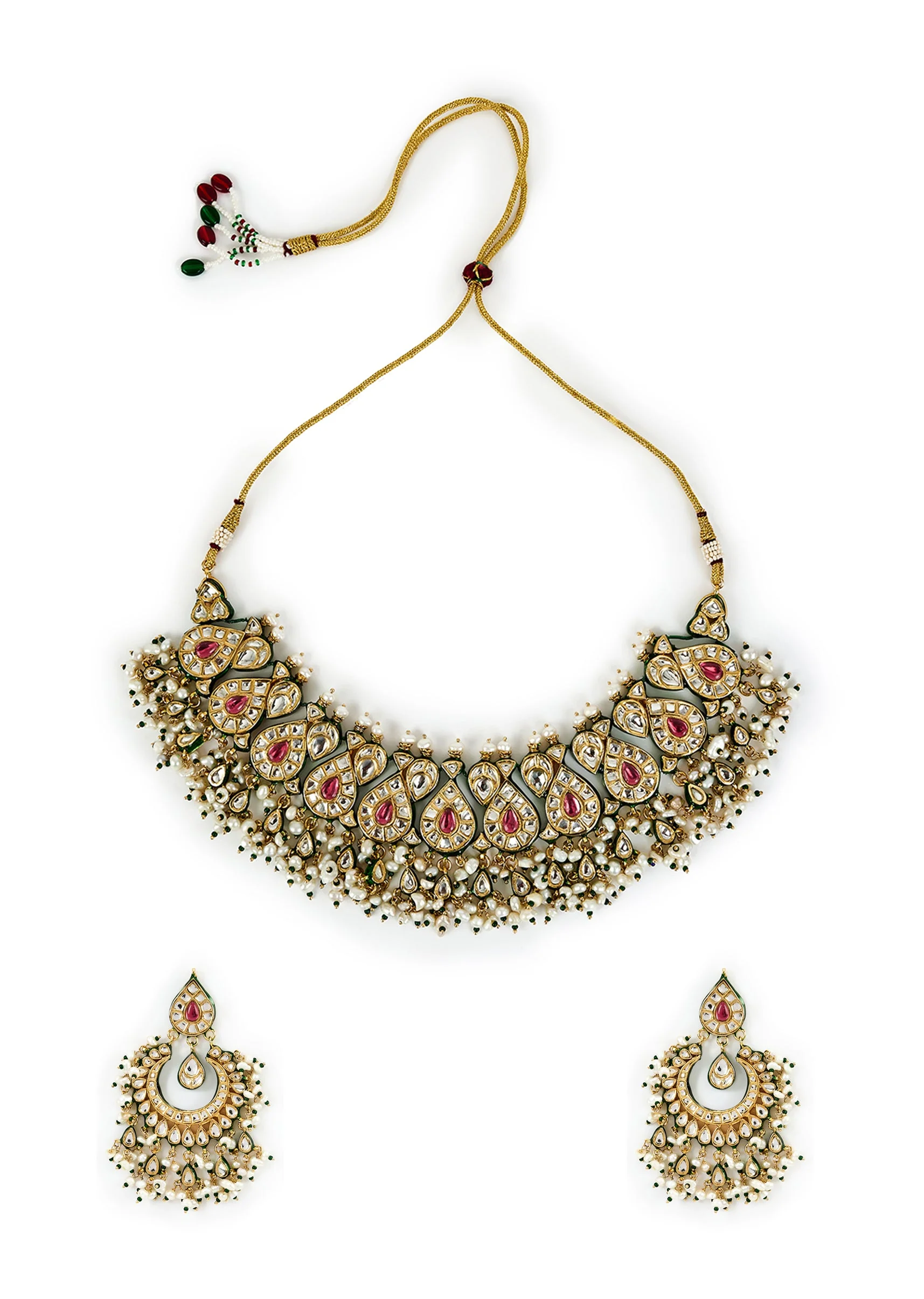 Gold Plated Pink Teardrop Choker Necklace Set With Earrings - Image 2