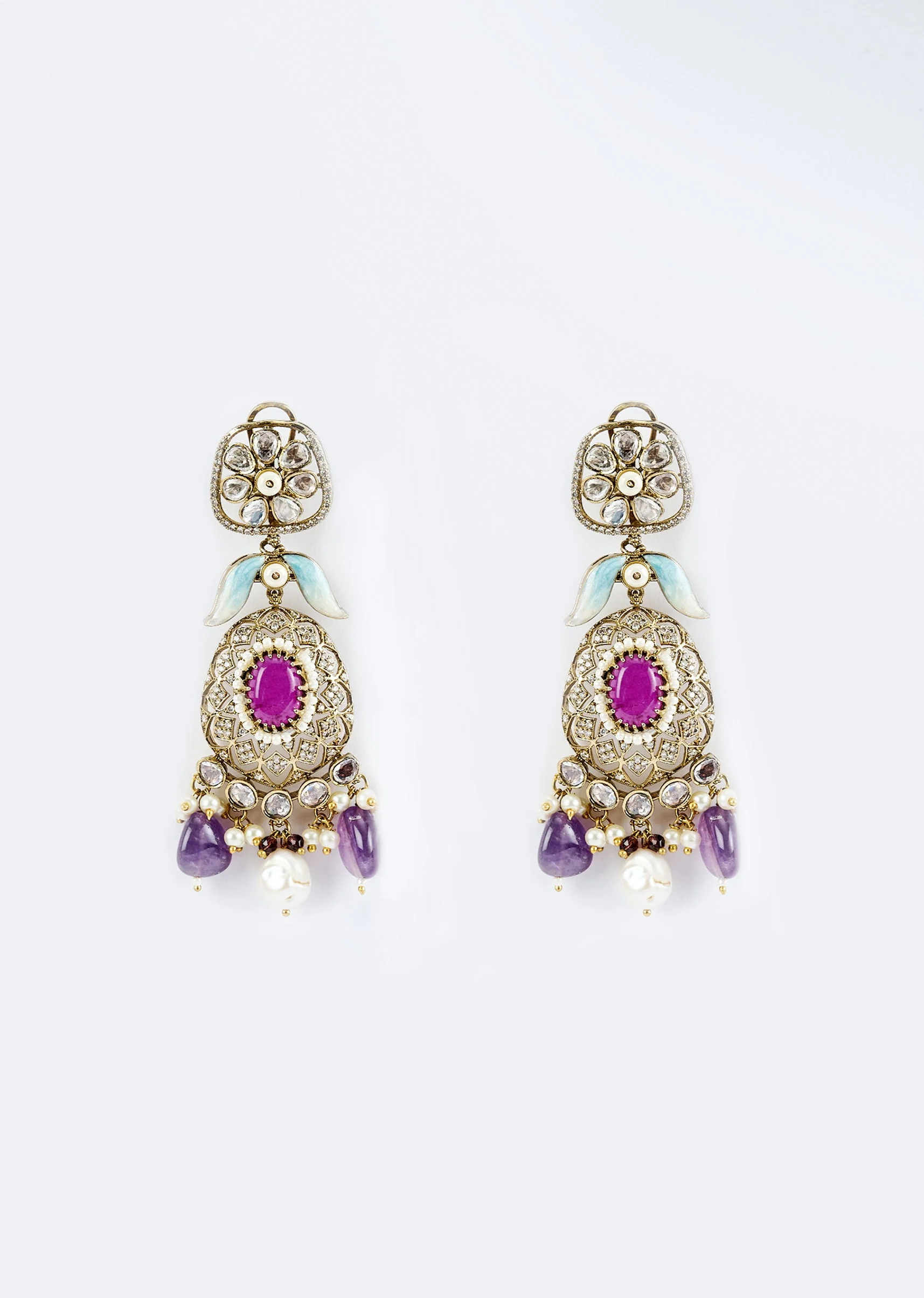 Gold Plated Purple Kundan Polki Short Necklace Set With Earrings - Image 4