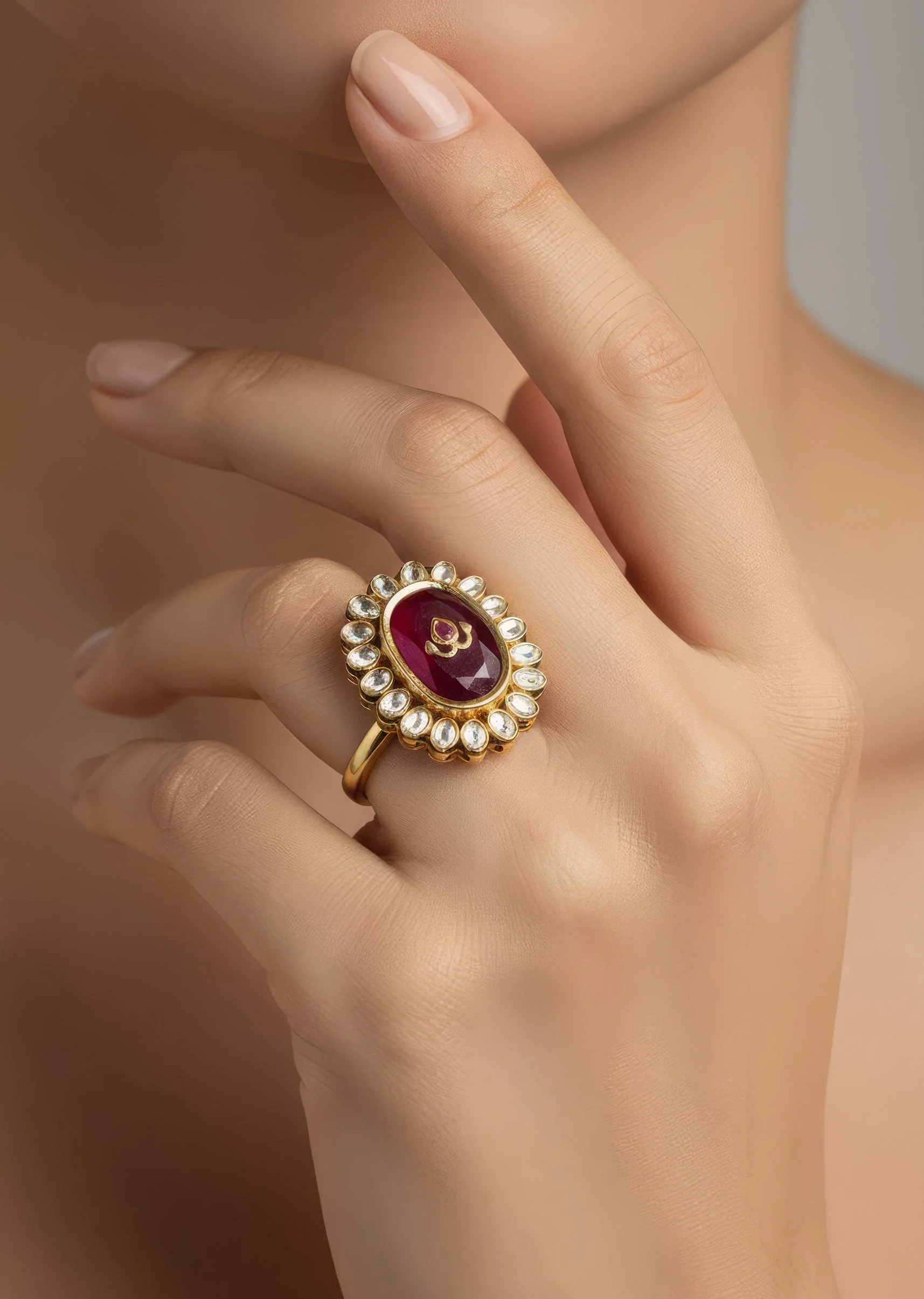 Gold Plated Red Kundan Polki Ring