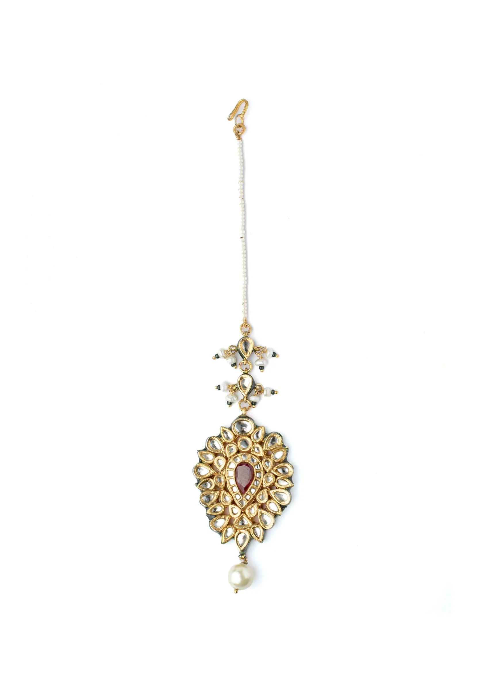 Gold Plated Teardrop Red Stone Maangtikka - Image 2