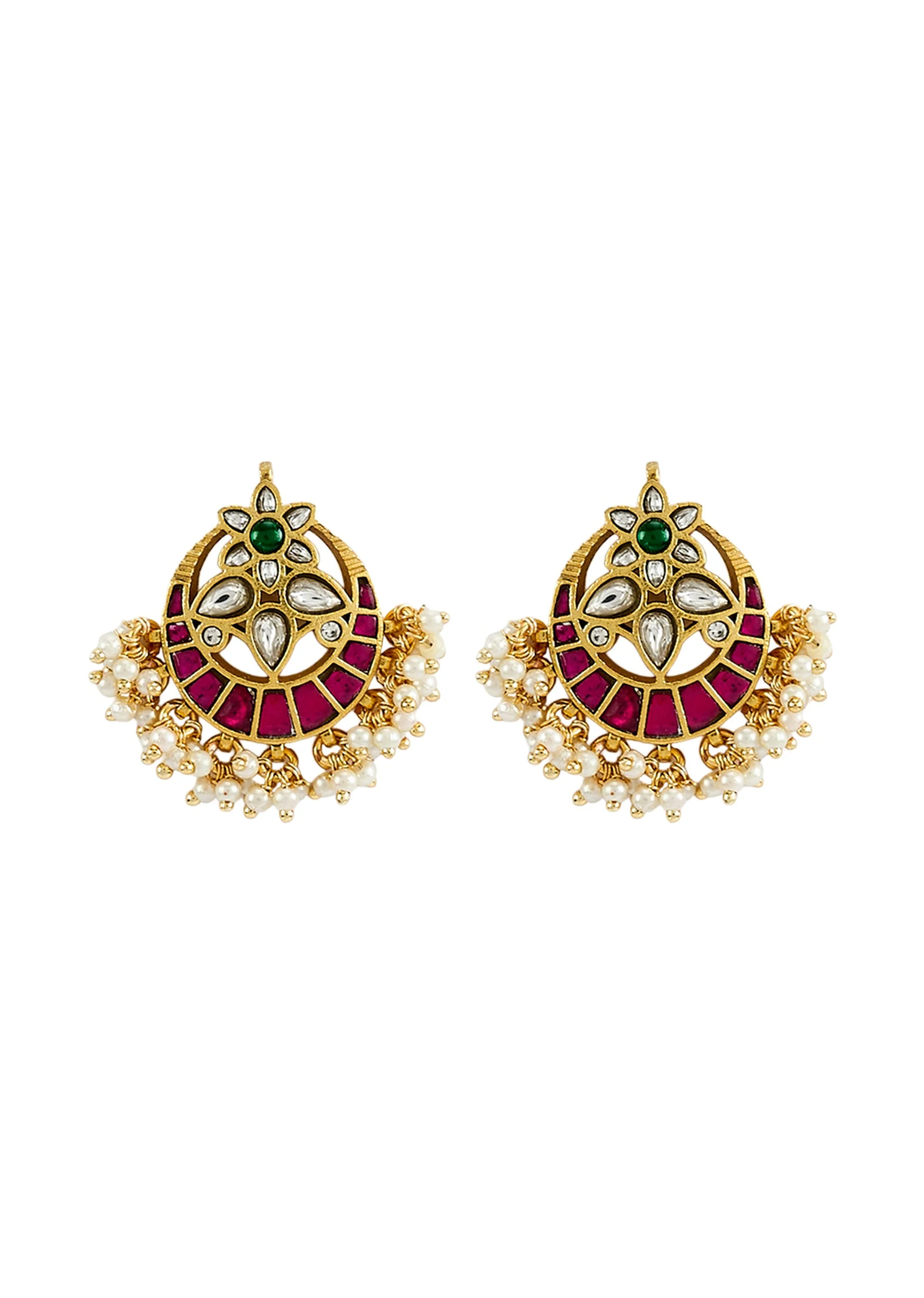 Gold Plated White Kundan Polki Long Necklace Set With Earrings - Image 3