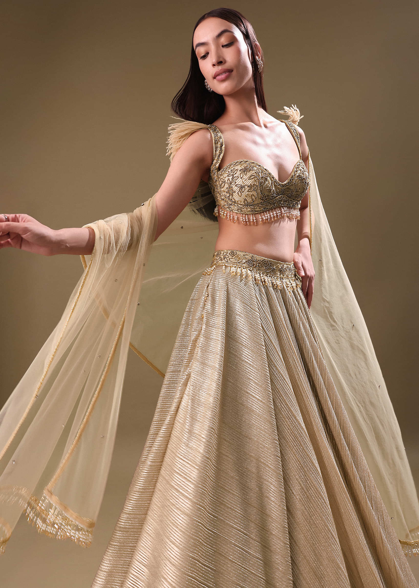 Gold Pre Pleated Lehenga With Embellished Blouse And Net Dupatta - Image 2