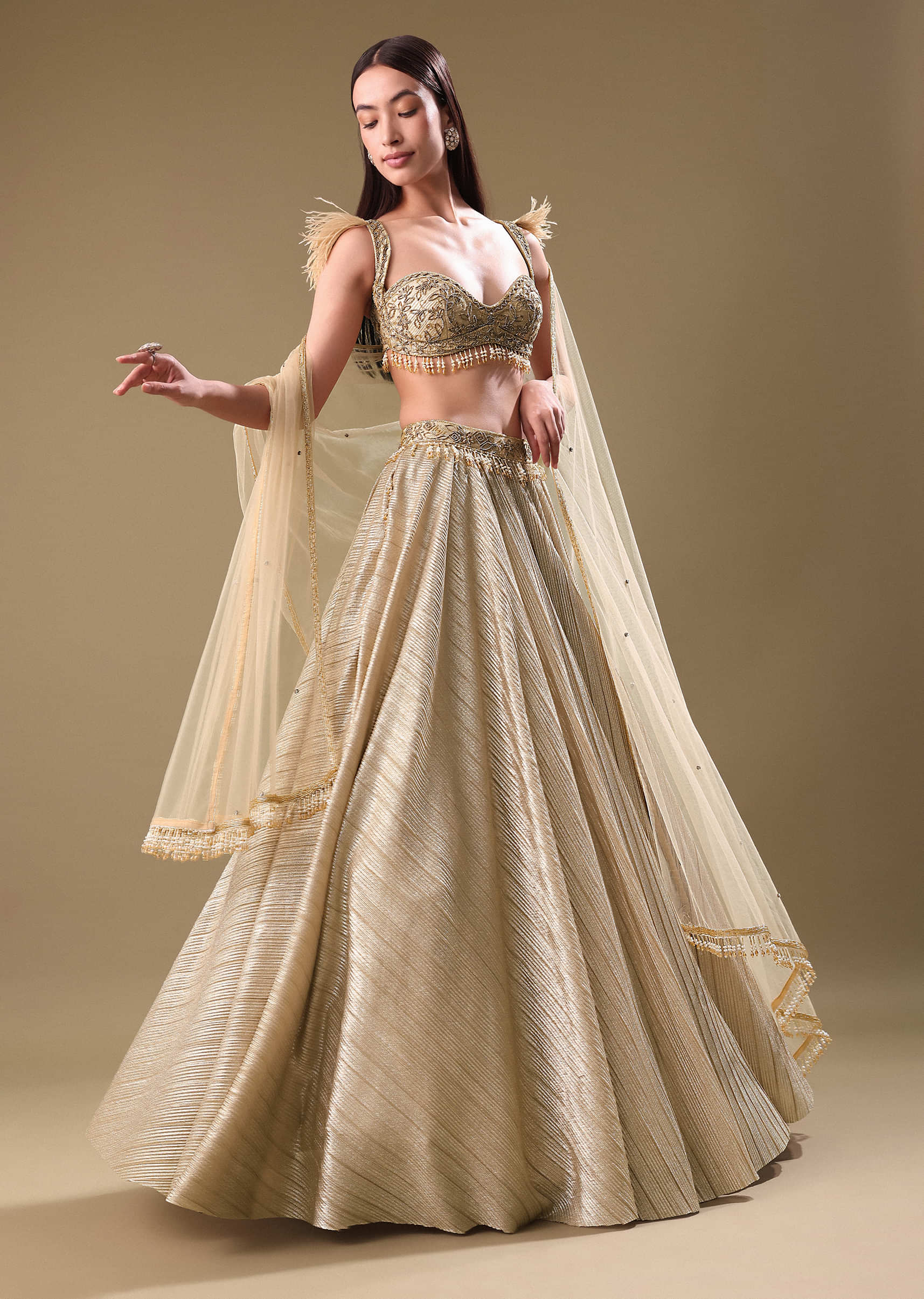 Gold Pre Pleated Lehenga With Embellished Blouse And Net Dupatta - Image 3