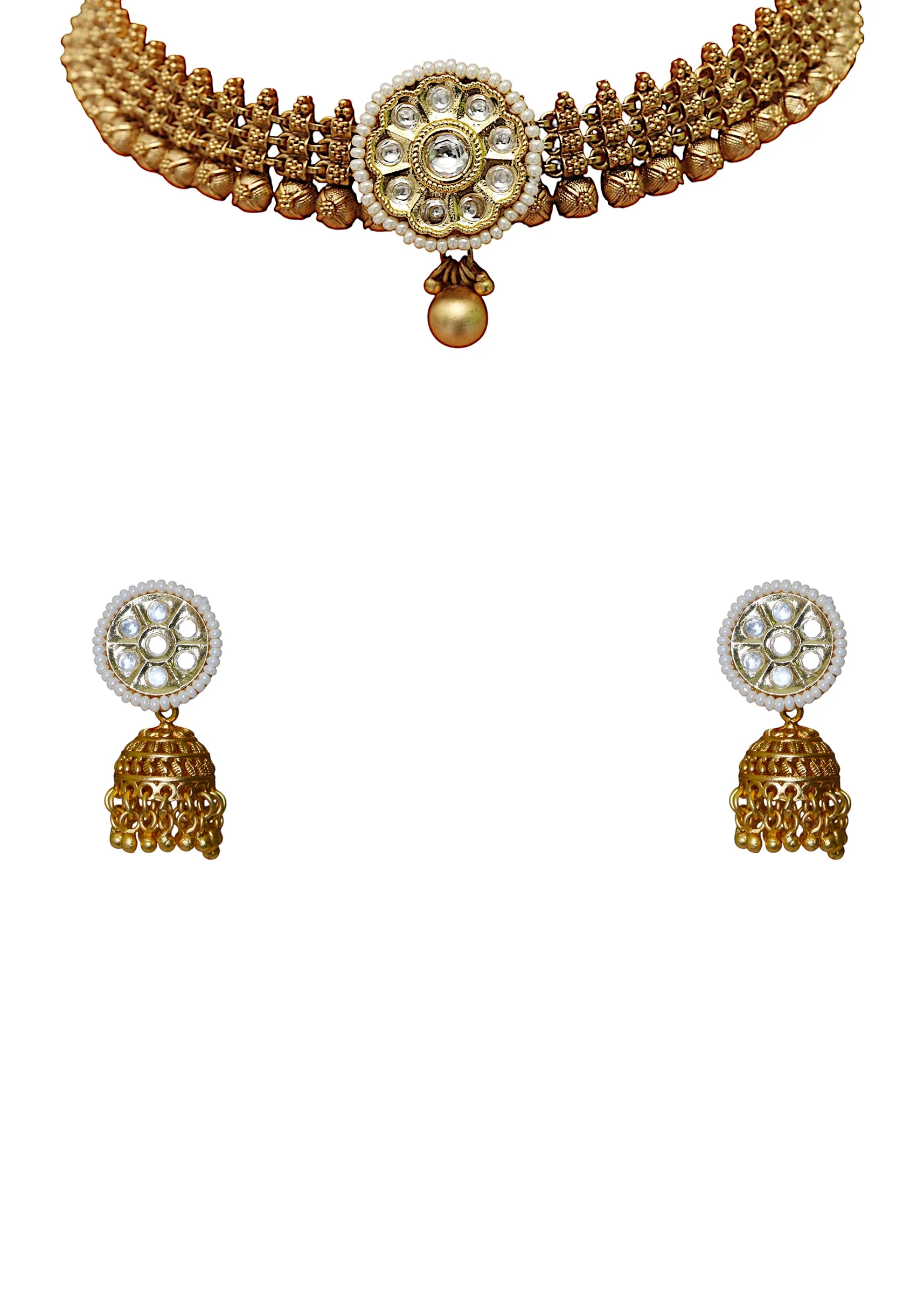 Gold Rajwadi Kundan Necklace and Earring Set - Image 2