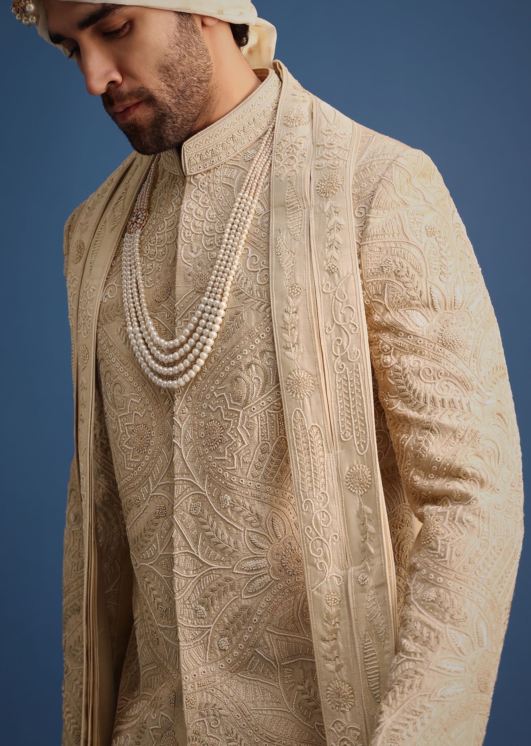 Gold Raw Silk Sherwani Suit With Hand Work - Image 2