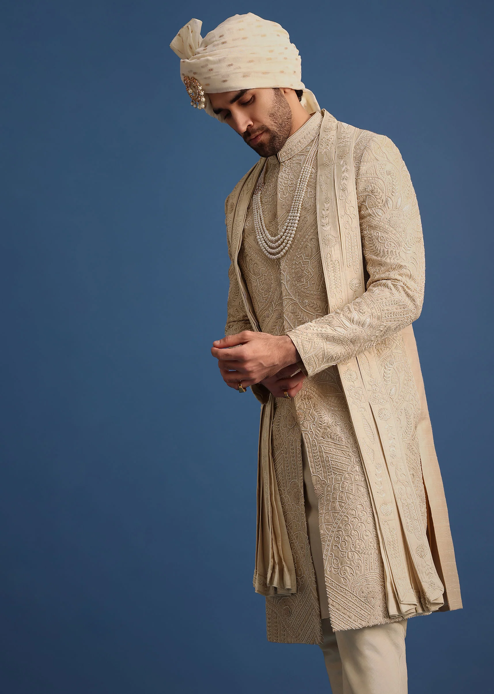 Gold Raw Silk Sherwani Suit With Hand Work - Image 5