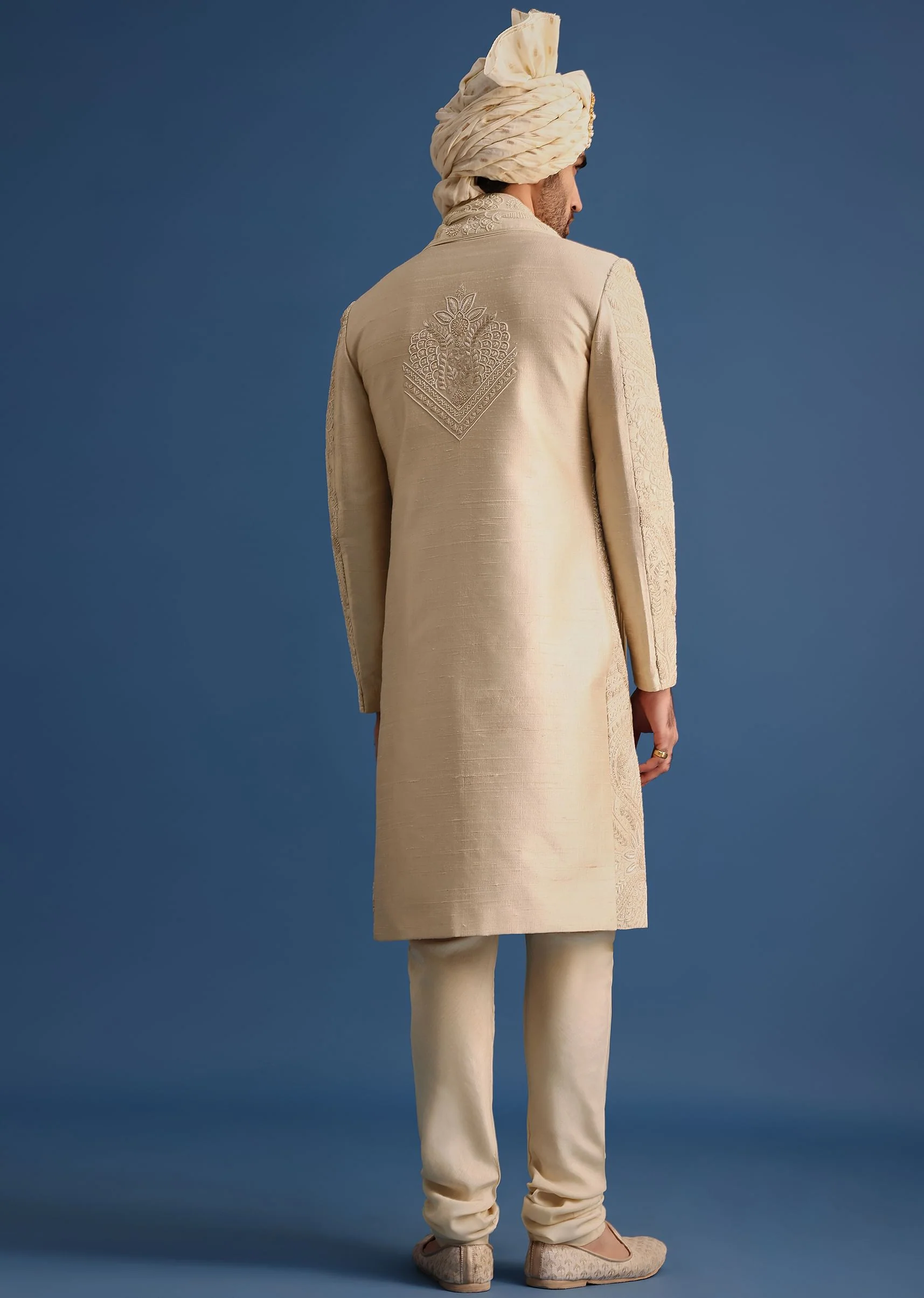 Gold Raw Silk Sherwani Suit With Hand Work - Image 6