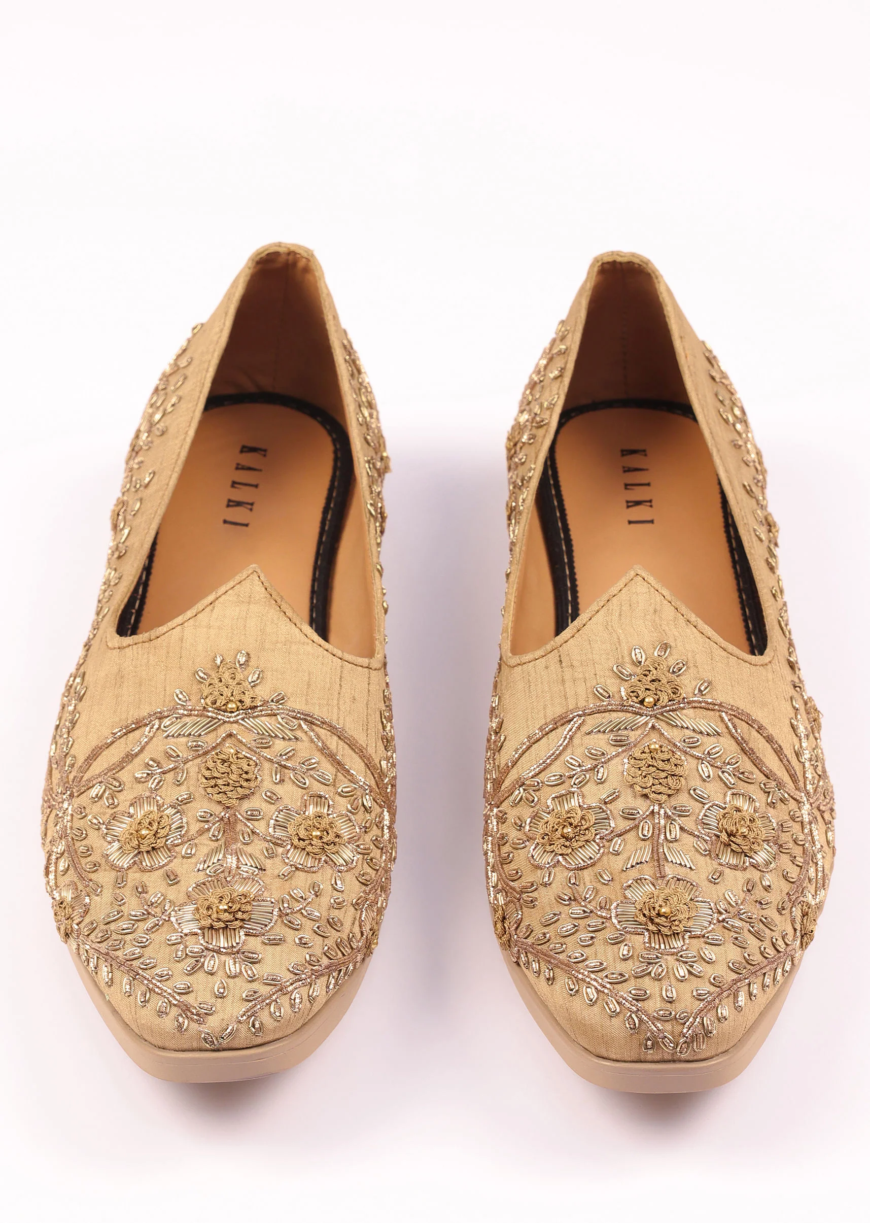 Gold Raw Silk Zardozi Embroidered Juttis - Image 5