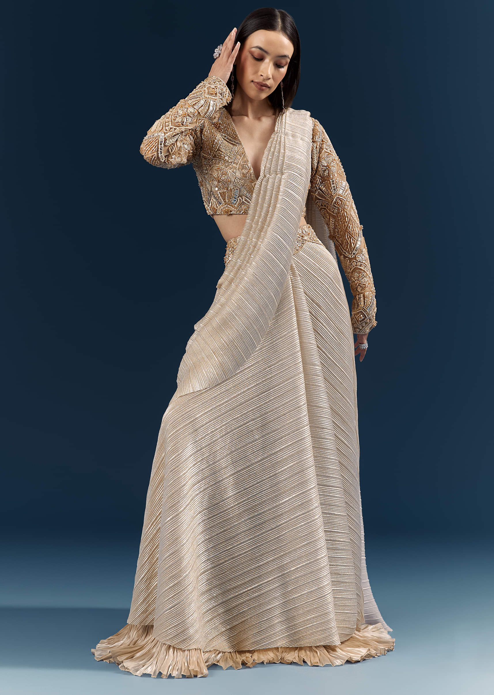 Gold Ready Pleated Saree With Aari Work - Image 4