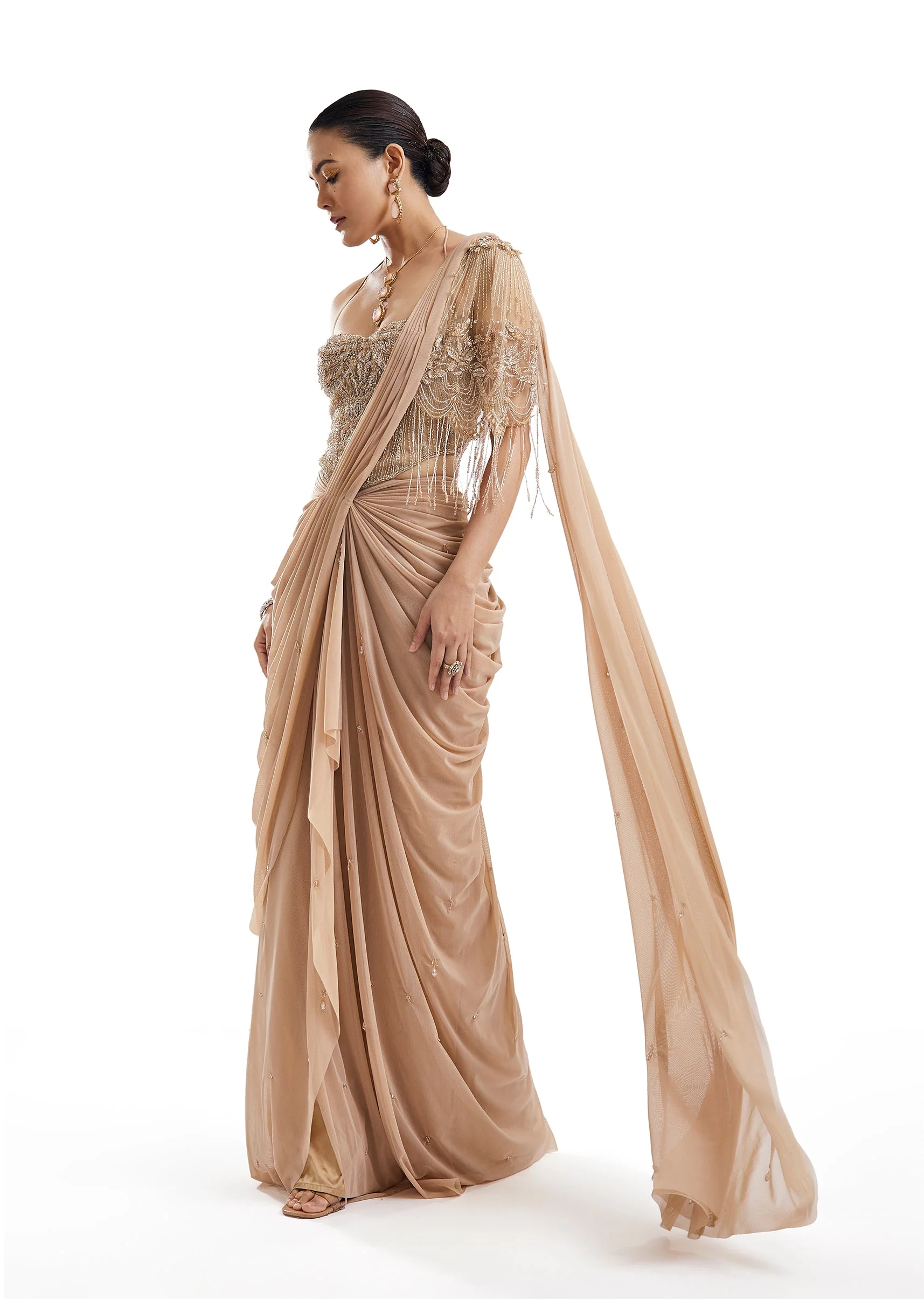Gold Ready Pleated Saree With Halter Blouse - Image 4
