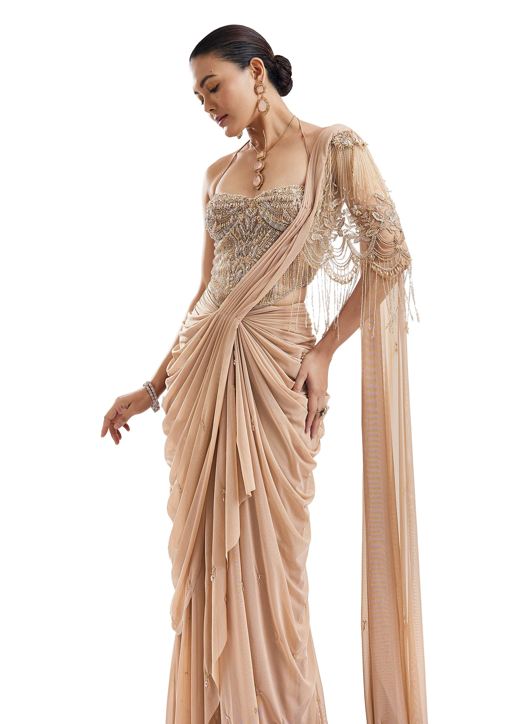 Gold Ready Pleated Saree With Halter Blouse - Image 5
