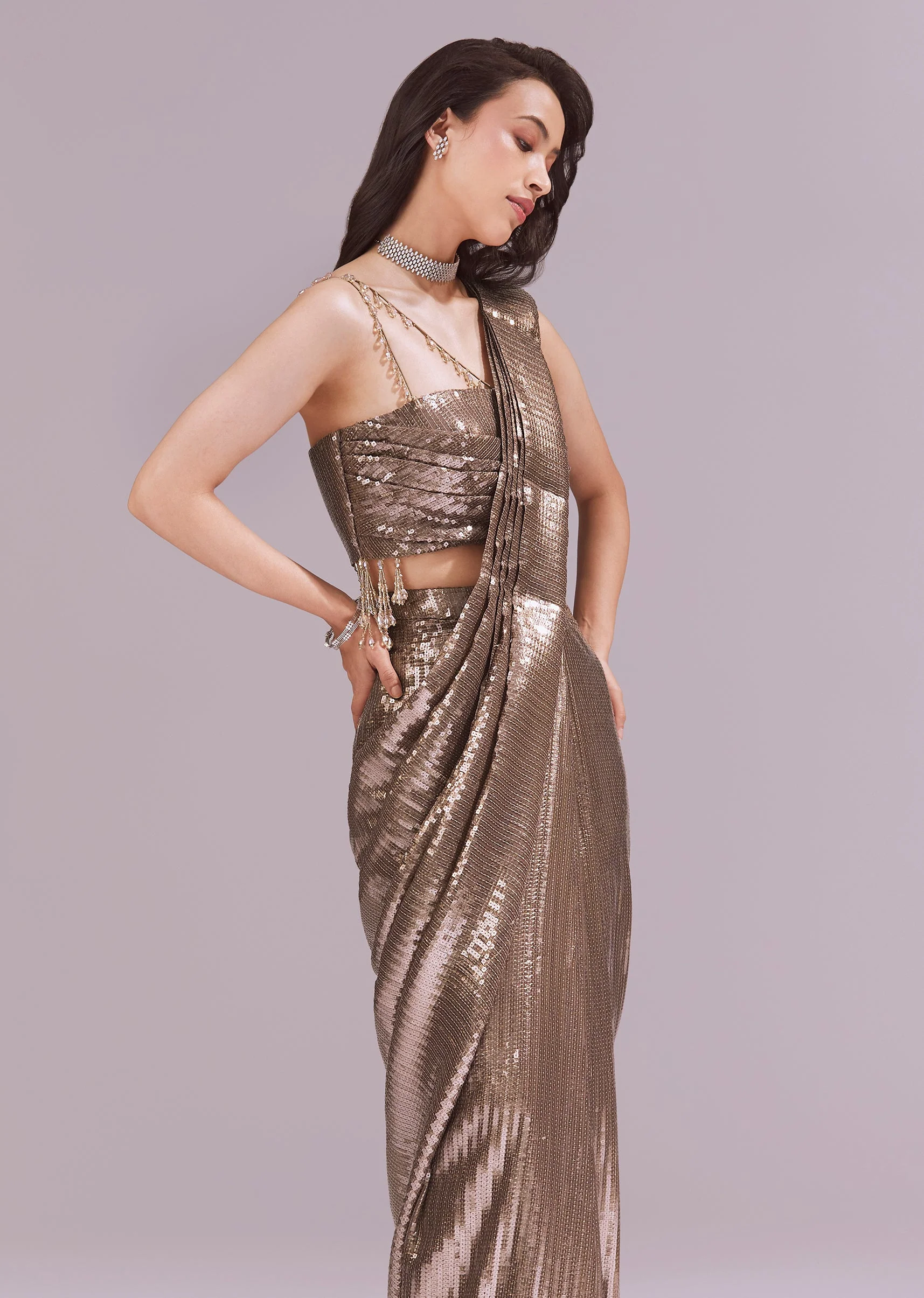 Gold Ready Pleated Saree With Sequins Dory Work And Cowl Neck - Image 5