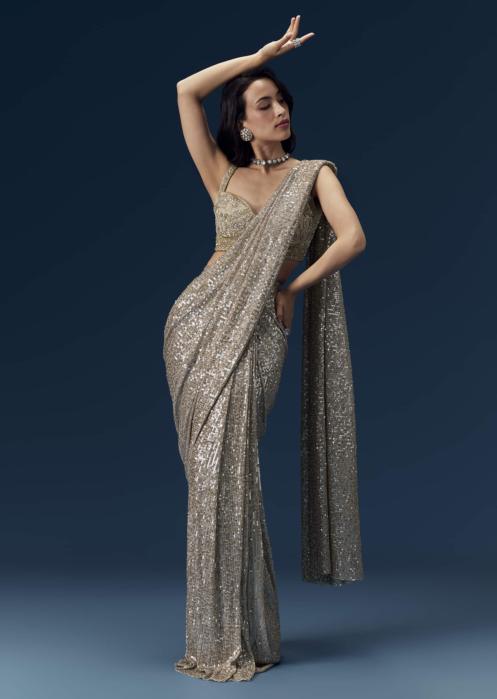 Gold Ready Pleated Sequin Net Saree with Blouse - Image 4