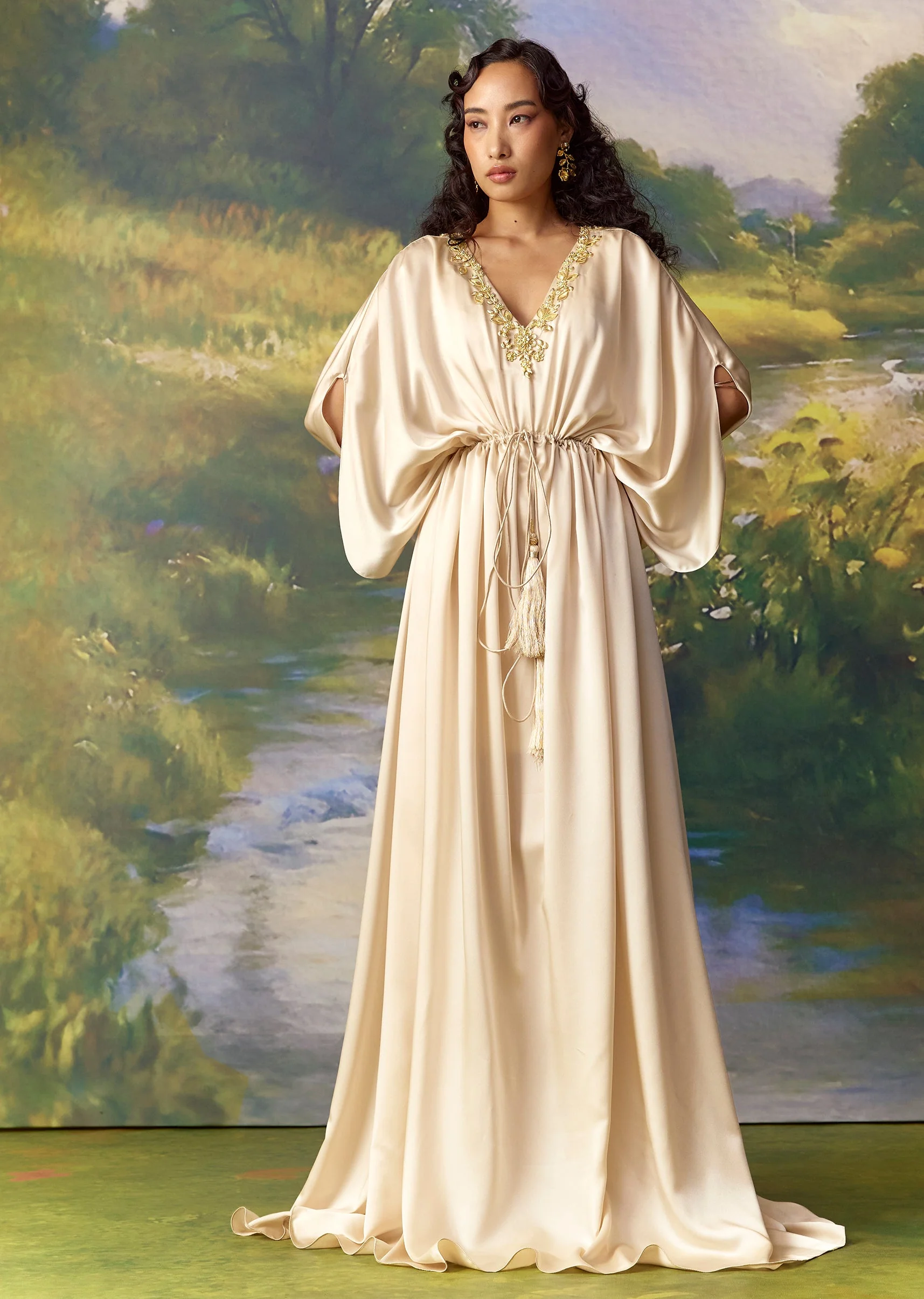 Gold Satin Metal Work Kaftan Set - Image 4