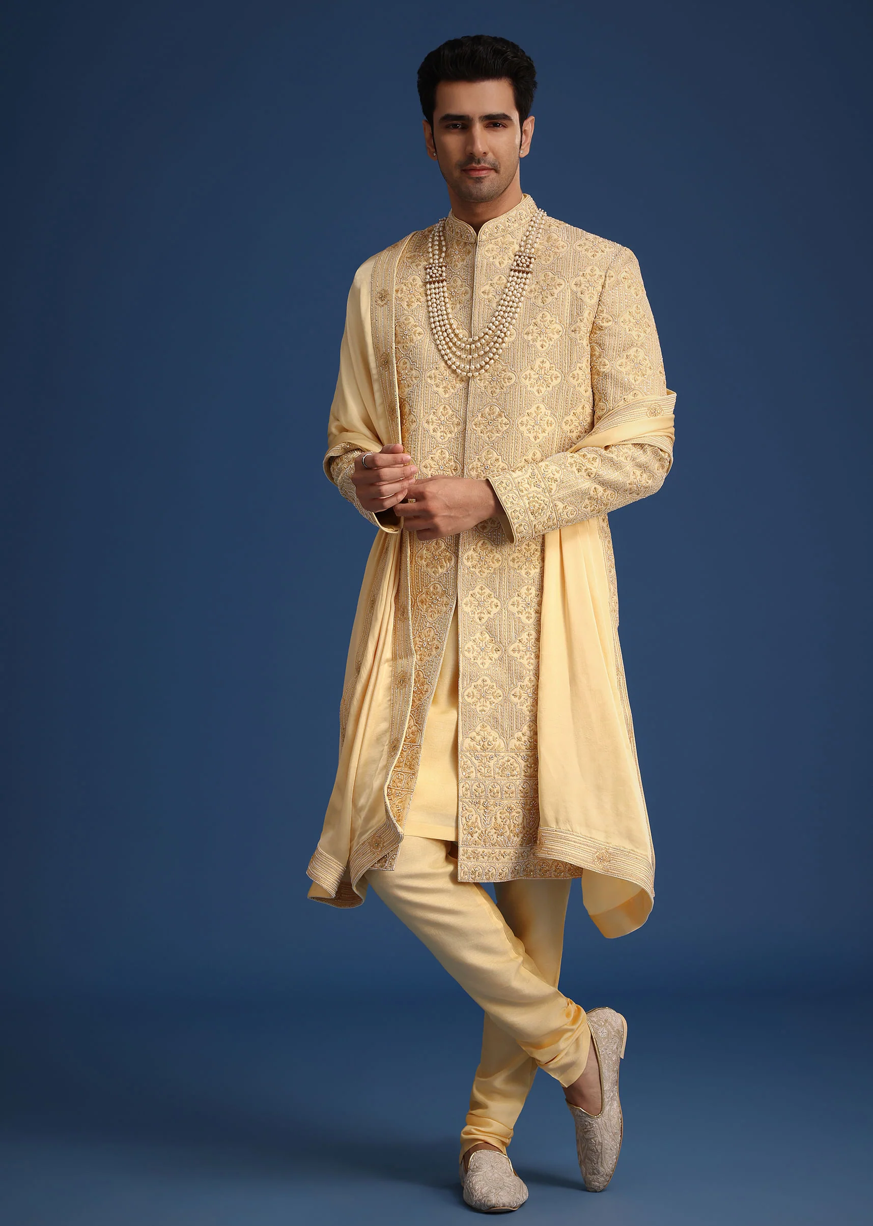 Gold Silk Embroidered Sherwani Set With Dupatta - Image 3